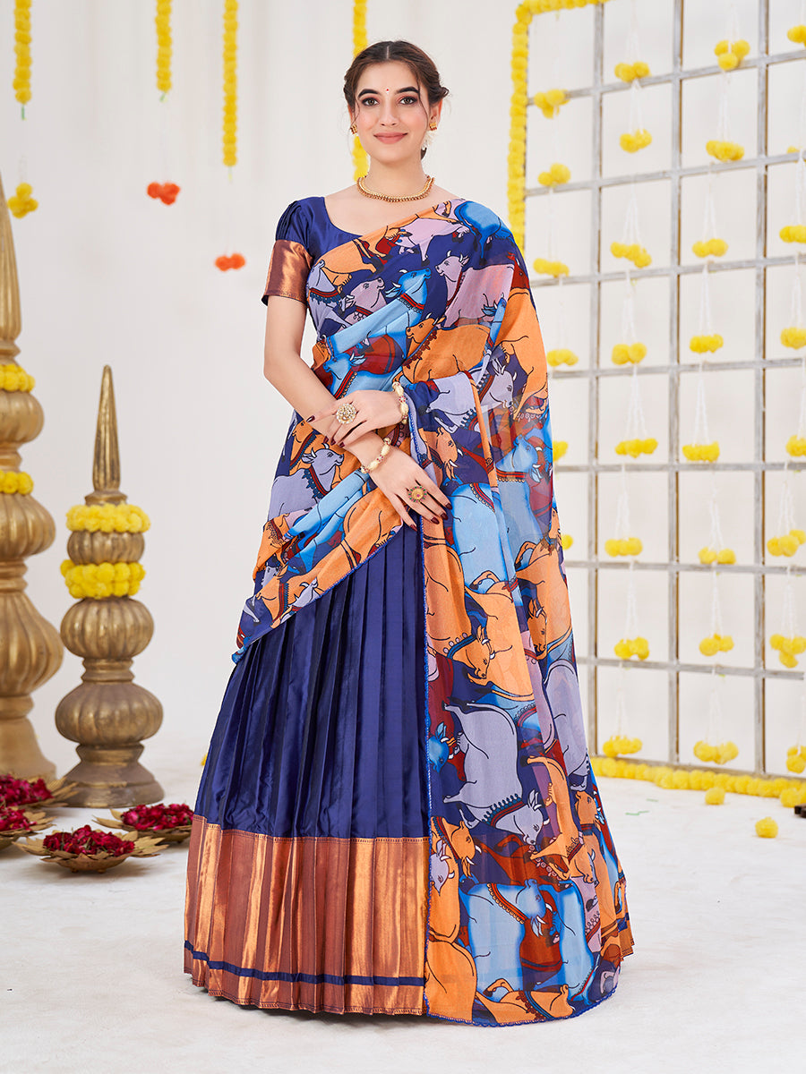 Navy Blue & Golden Woven Banarasi Silk Half Saree Lehenga