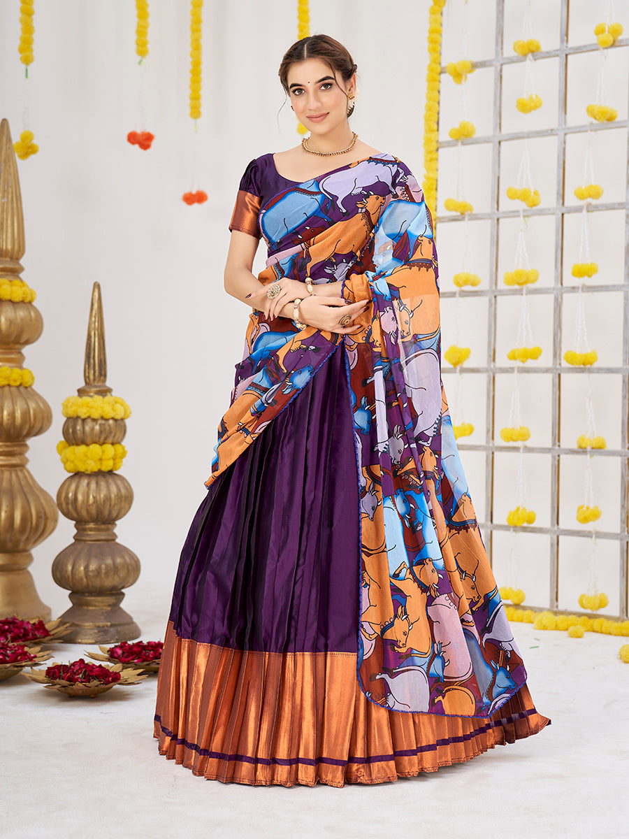 Purple & Golden Woven Banarasi Silk Half Saree Lehenga