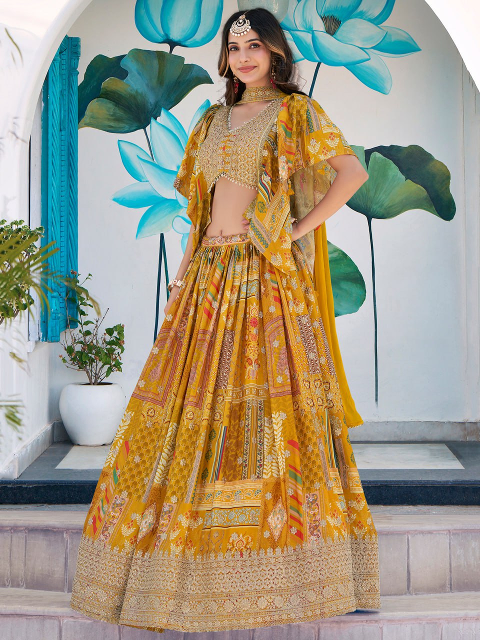 Yellow Multicolor Printed dori and zari embroidery Lehenga Choli