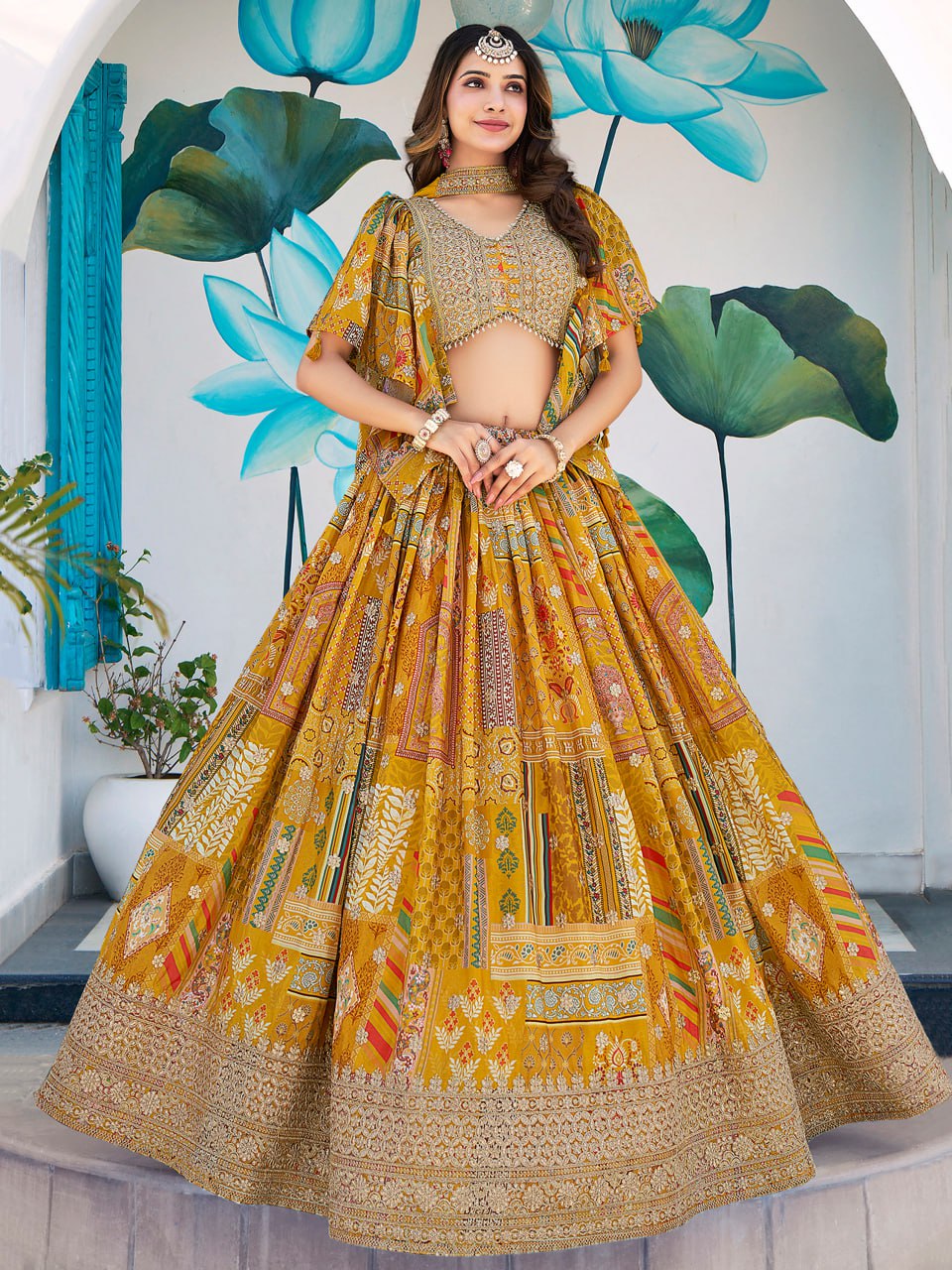 Yellow Multicolor Printed dori and zari embroidery Lehenga Choli