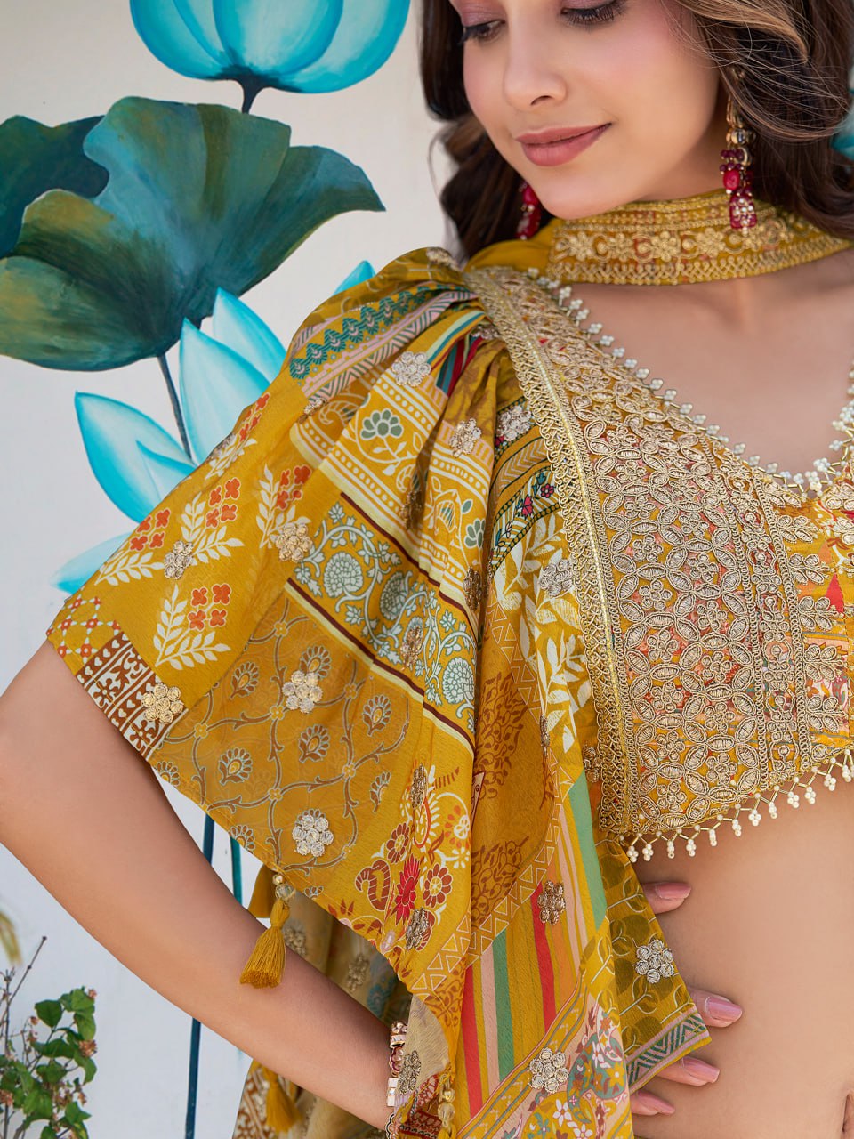 Yellow Multicolor Printed dori and zari embroidery Lehenga Choli