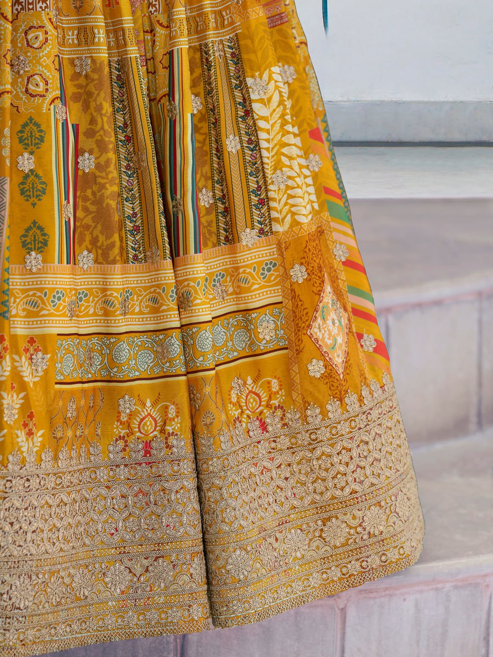 Yellow Multicolor Printed dori and zari embroidery Lehenga Choli