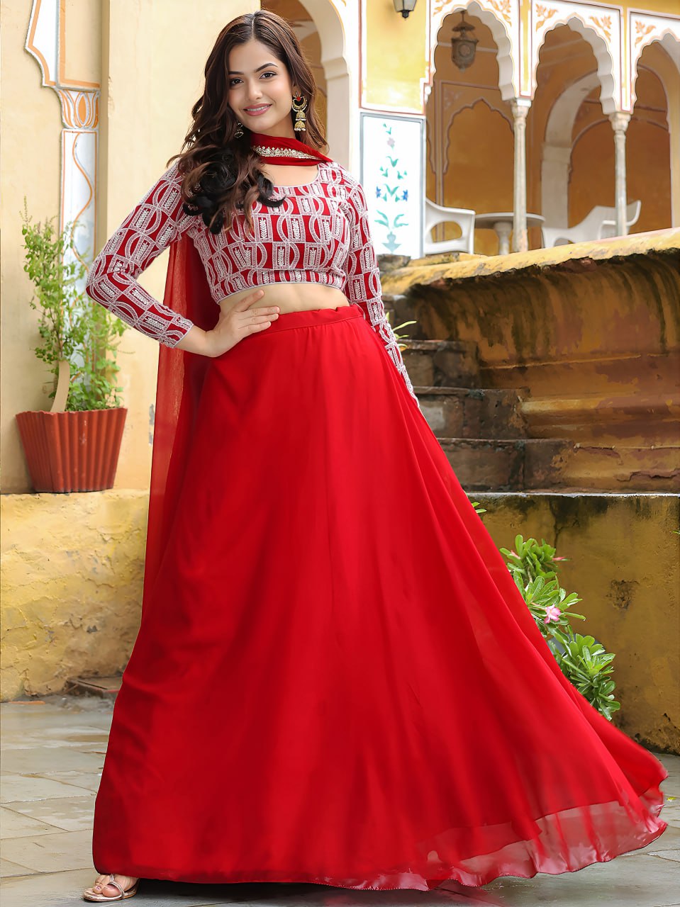 Red thread and sequins embroidery Festive Lehenga Chili
