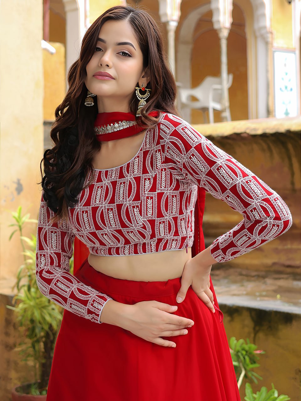 Red thread and sequins embroidery Festive Lehenga Chili