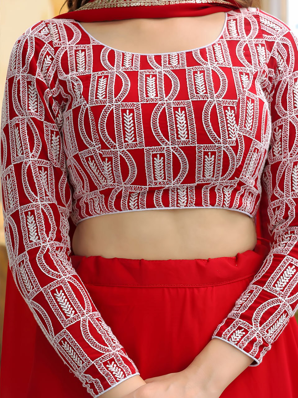 Red thread and sequins embroidery Festive Lehenga Chili