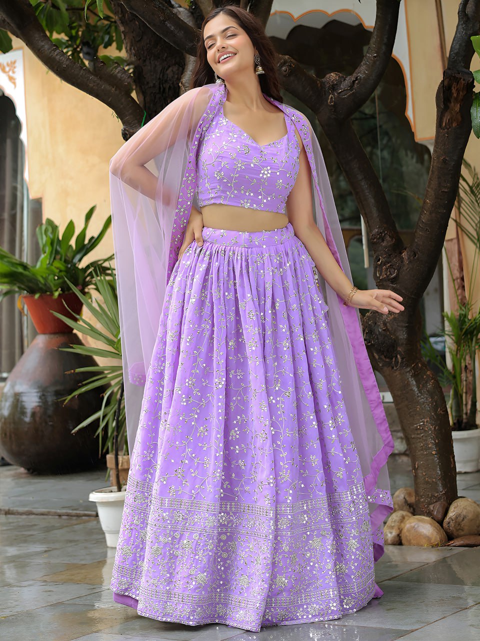 Lavender Zari & Sequin Embroidery Georgette Lehenga Choli