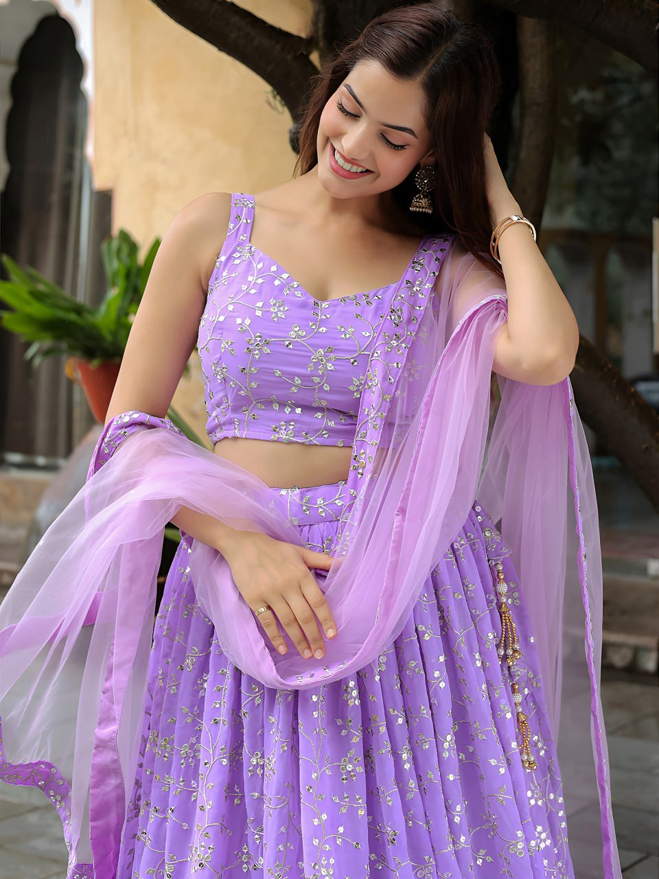 Lavender Zari & Sequin Embroidery Georgette Lehenga Choli