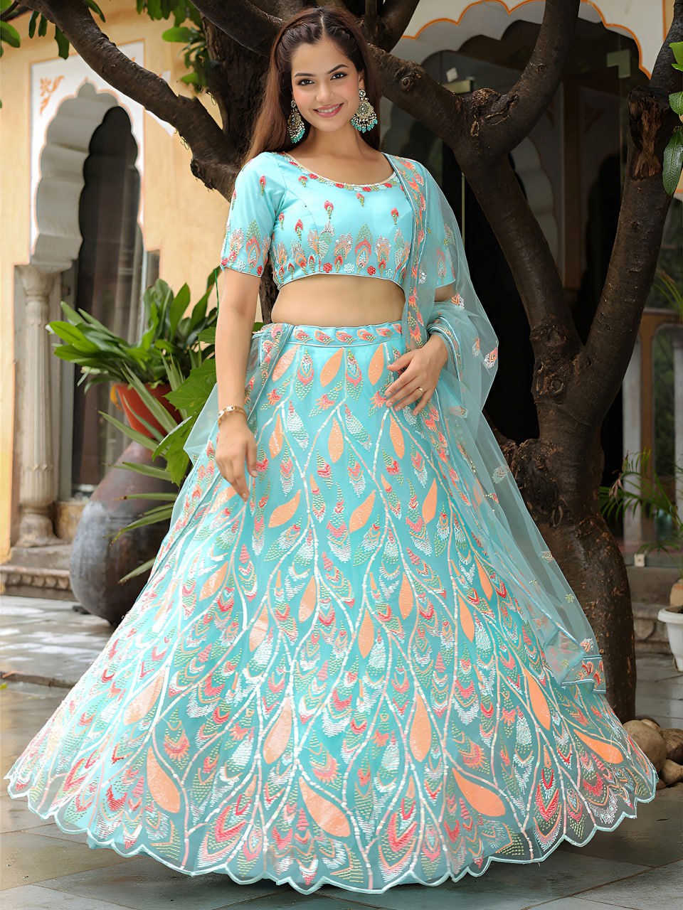 Sky-Blue Soft Net Thread & Sequin Embroidery Lehenga Choli