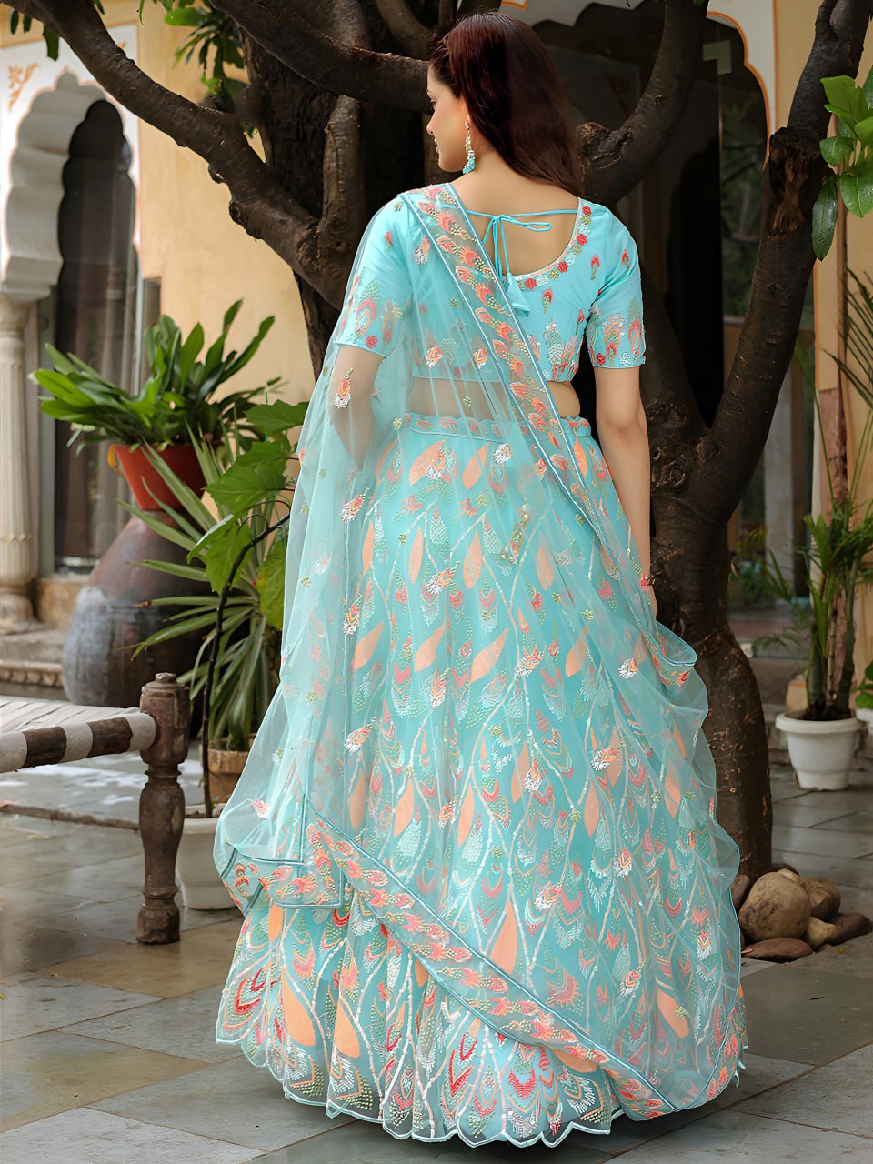 Sky-Blue Soft Net Thread & Sequin Embroidery Lehenga Choli