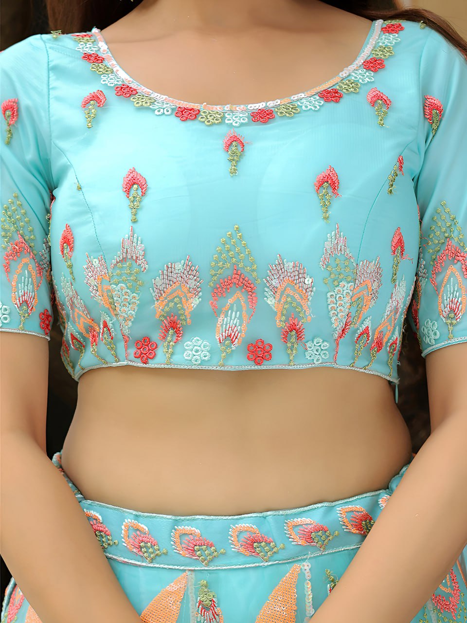 Sky-Blue Soft Net Thread & Sequin Embroidery Lehenga Choli