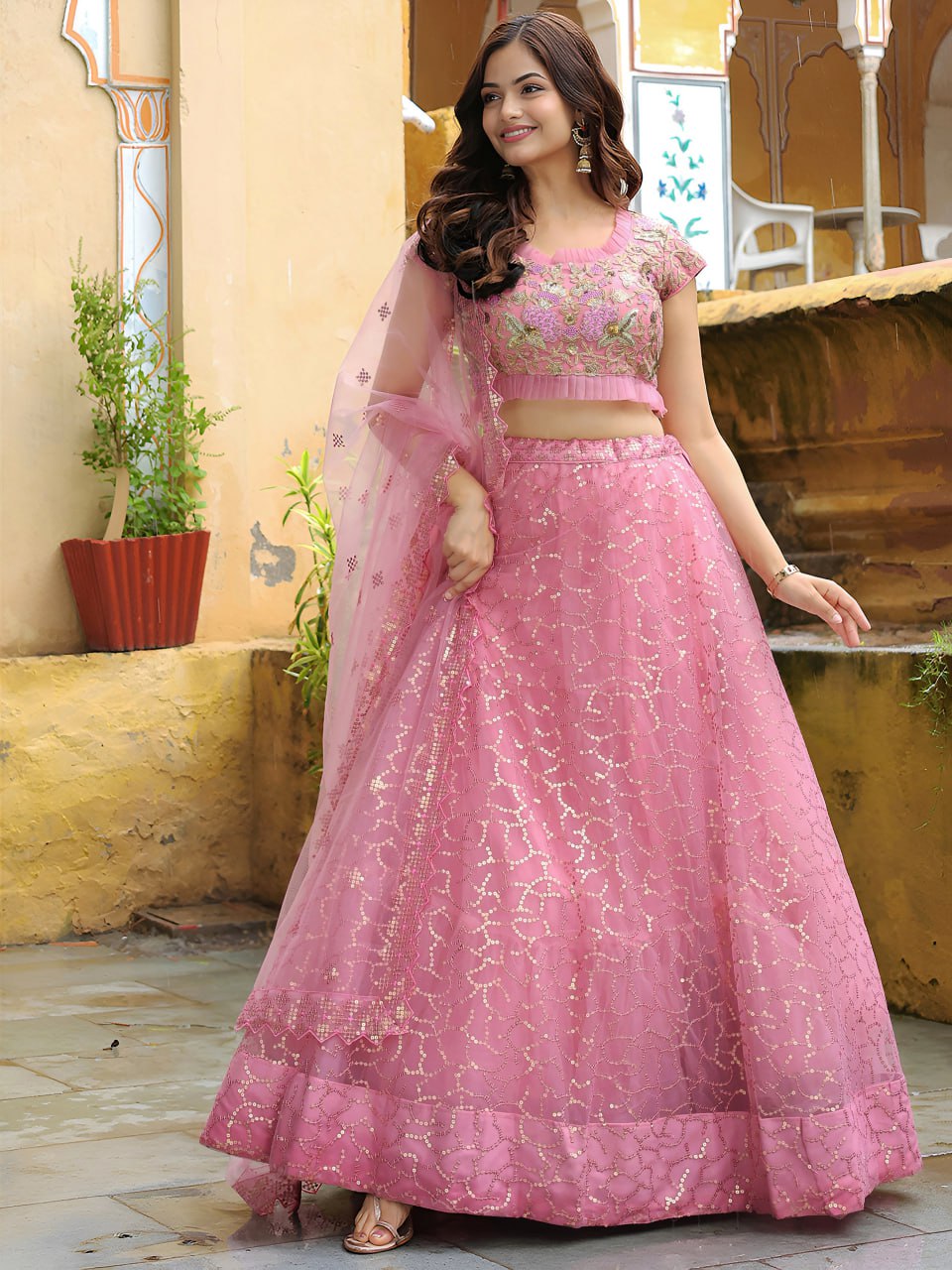 Soft Pink Net with Zari, Resham and Sequins Embroidery Lehenga Choli