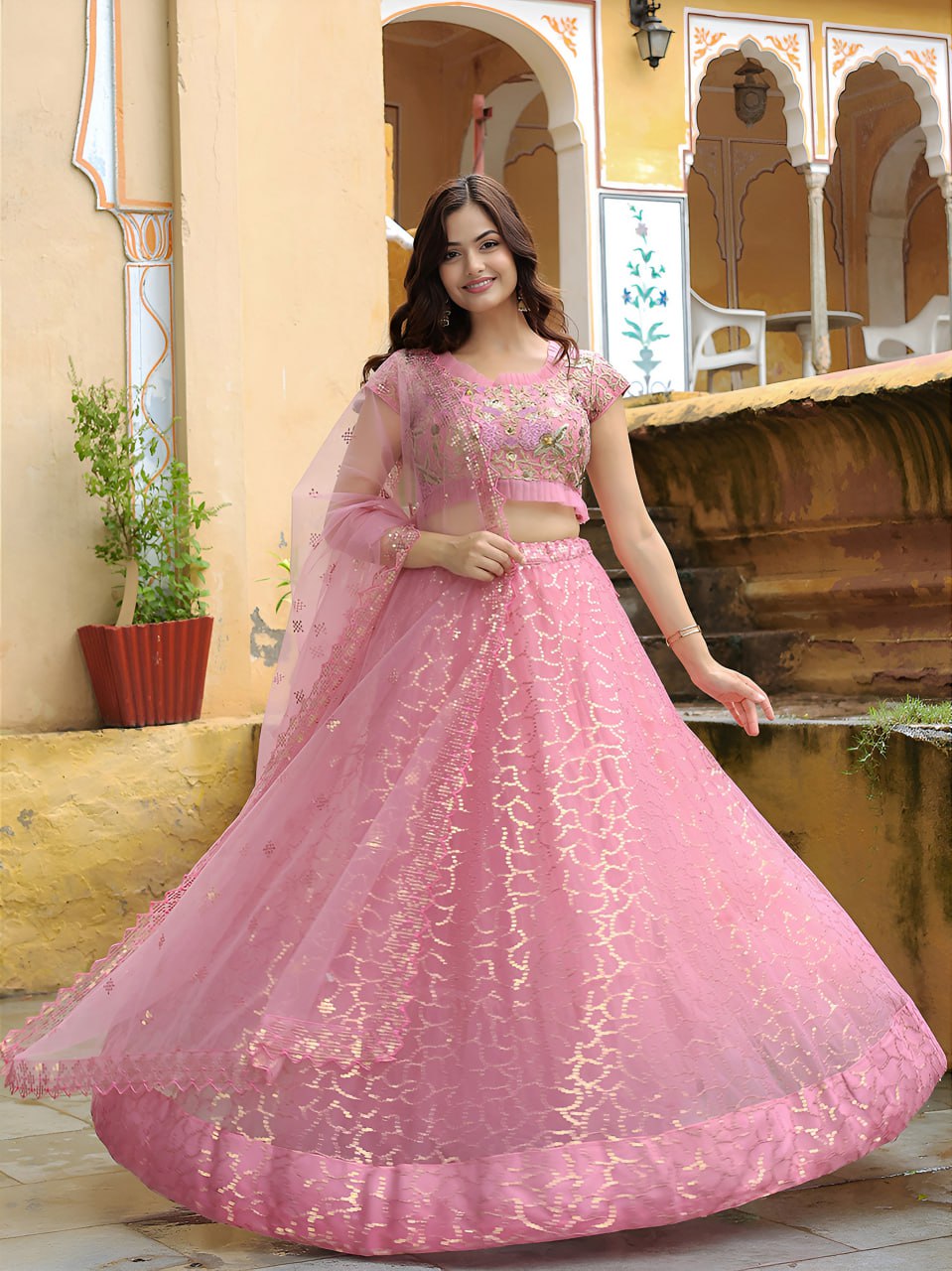 Soft Pink Net with Zari, Resham and Sequins Embroidery Lehenga Choli