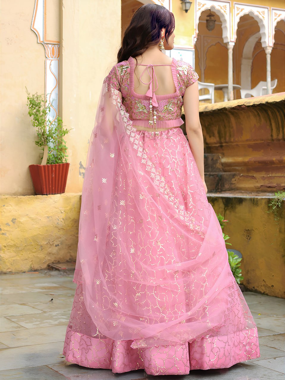 Soft Pink Net with Zari, Resham and Sequins Embroidery Lehenga Choli