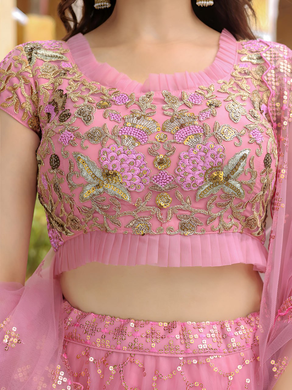 Soft Pink Net with Zari, Resham and Sequins Embroidery Lehenga Choli
