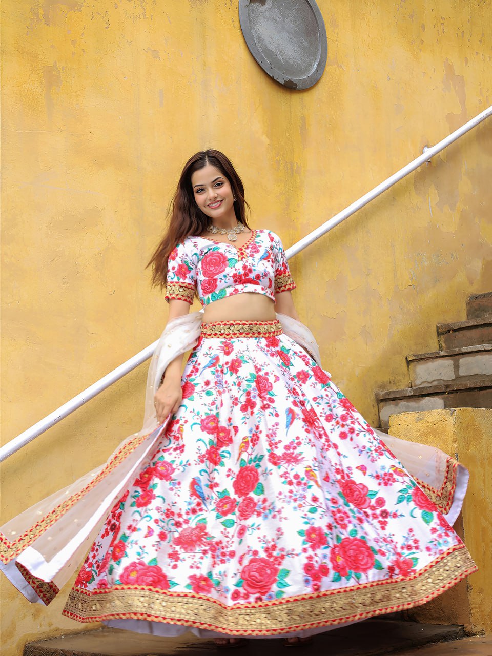 White Dori and Sequins Embroidery with Digital Print and Diamond Work Lehenga Choli