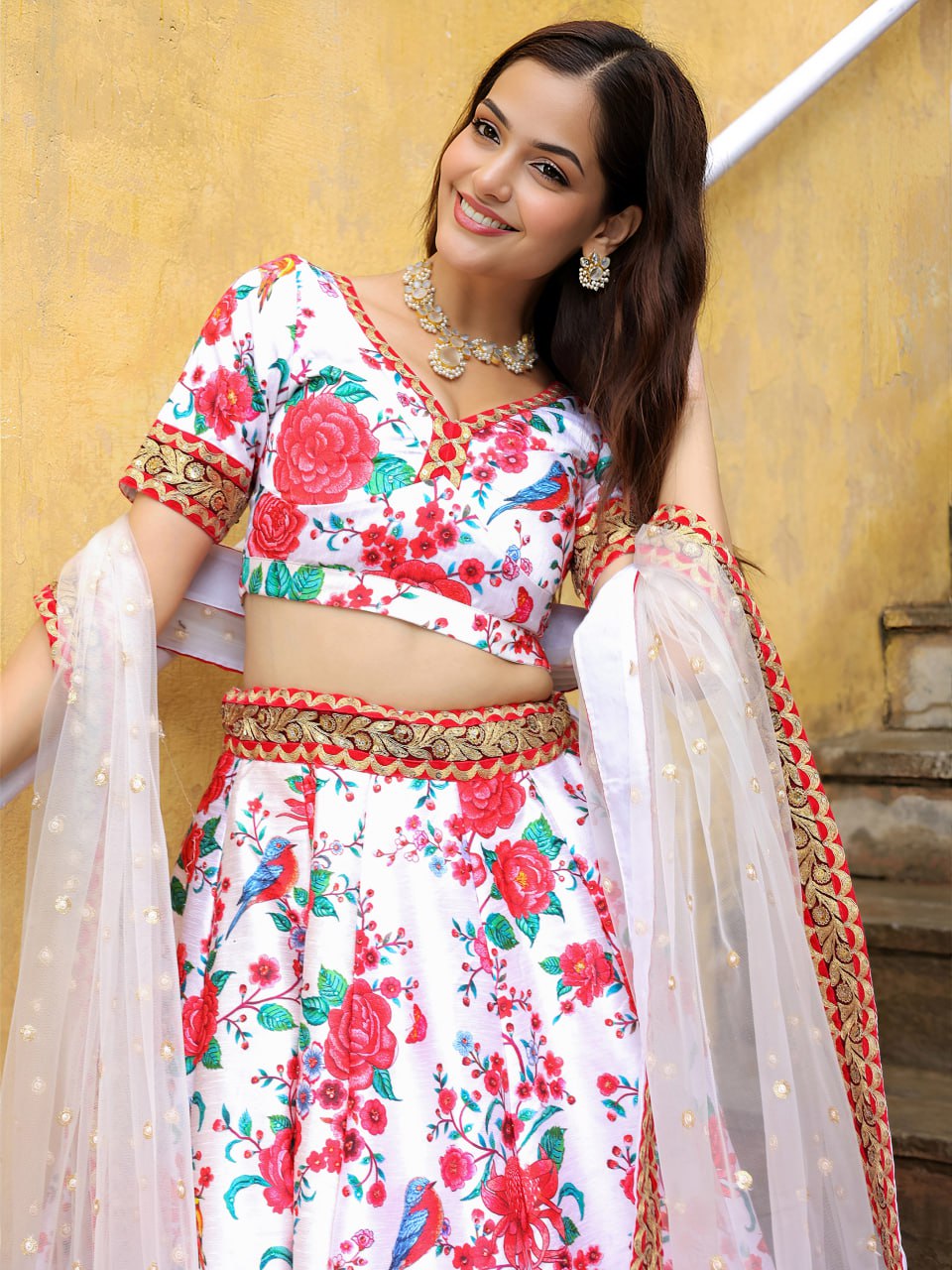 White Dori and Sequins Embroidery with Digital Print and Diamond Work Lehenga Choli