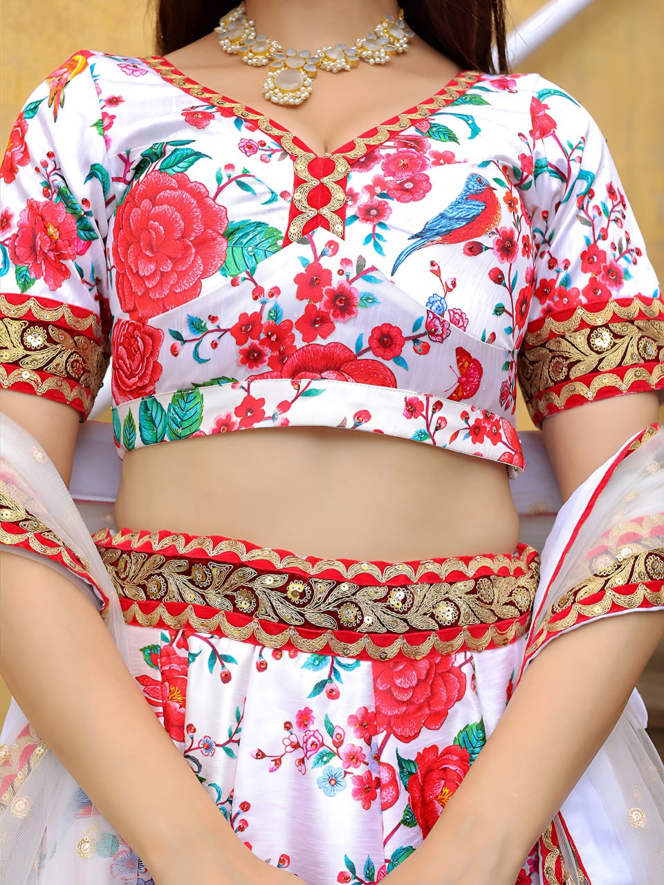 White Dori and Sequins Embroidery with Digital Print and Diamond Work Lehenga Choli