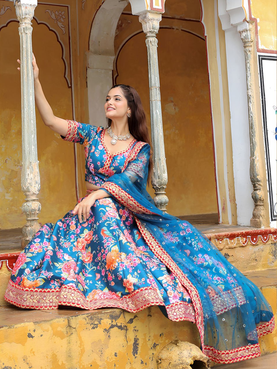 Blue Dori and Sequins Embroidery with Digital Print and Diamond Work Lehenga Choli