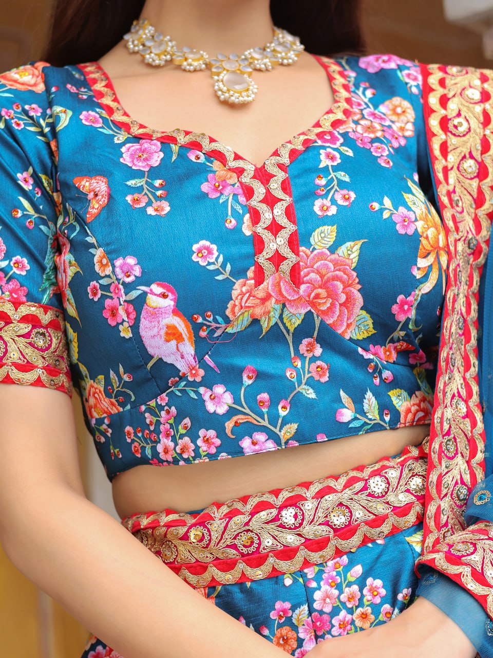 Blue Dori and Sequins Embroidery with Digital Print and Diamond Work Lehenga Choli