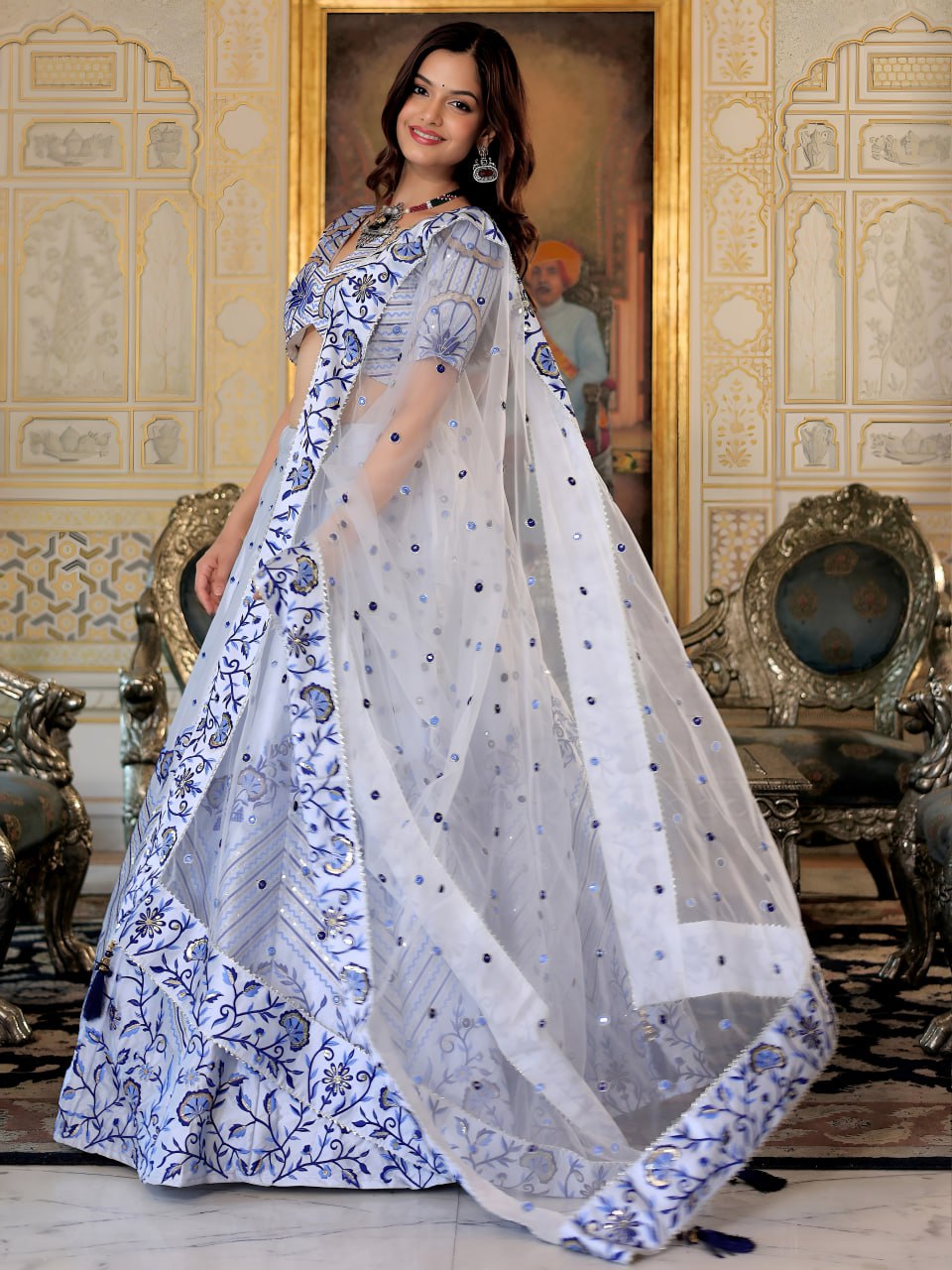 White and Blue Thread and Sequins Embroidered Party Wear Lehenga Choli