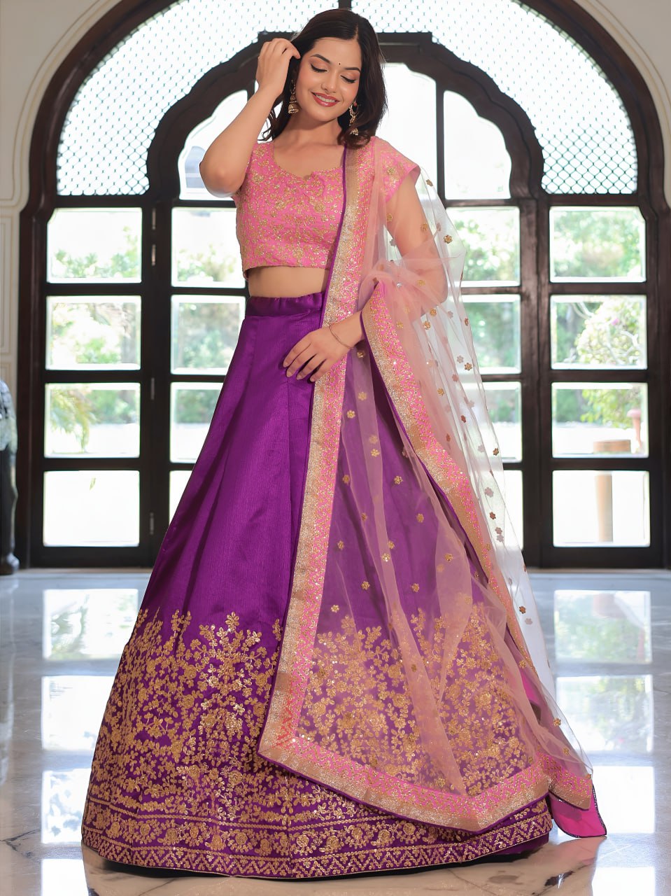 Purple and Pink Zari, Dori and Sequins Embroidered Lehenga Choli