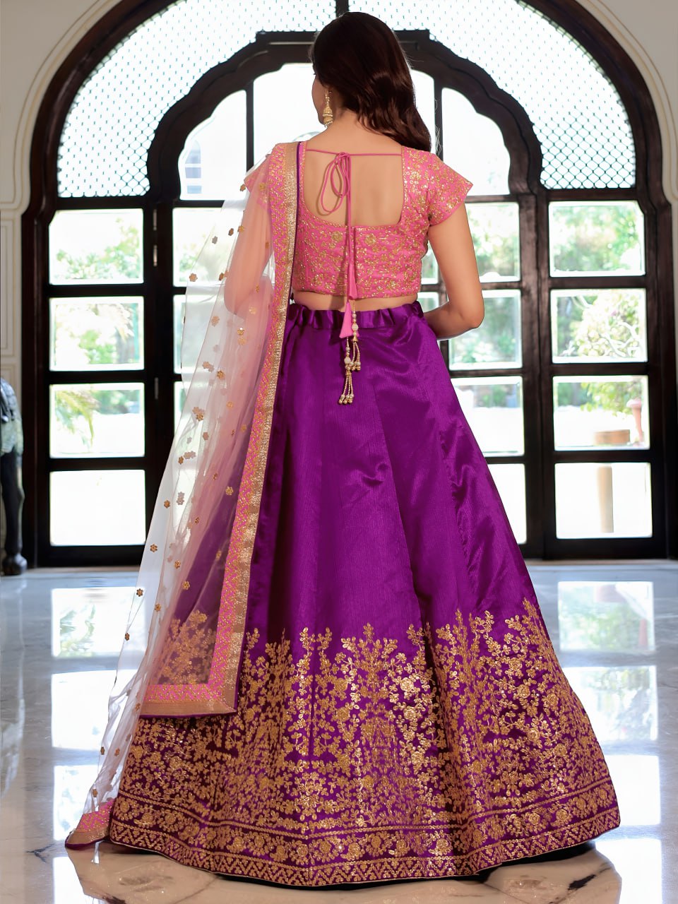 Purple and Pink Zari, Dori and Sequins Embroidered Lehenga Choli