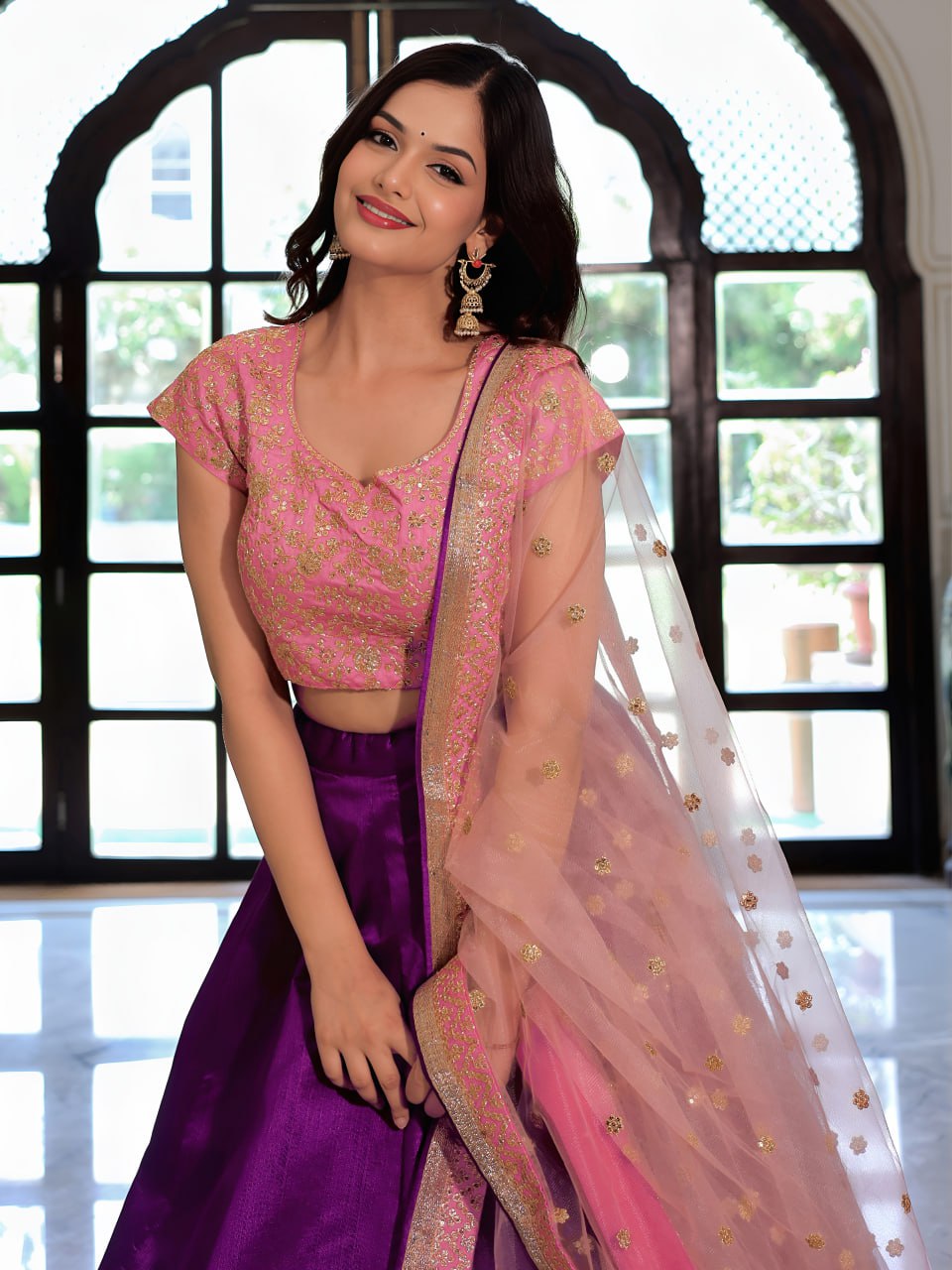 Purple and Pink Zari, Dori and Sequins Embroidered Lehenga Choli