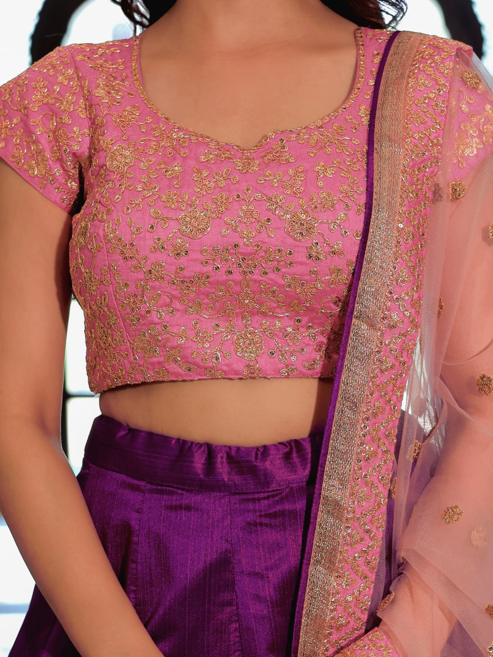 Purple and Pink Zari, Dori and Sequins Embroidered Lehenga Choli