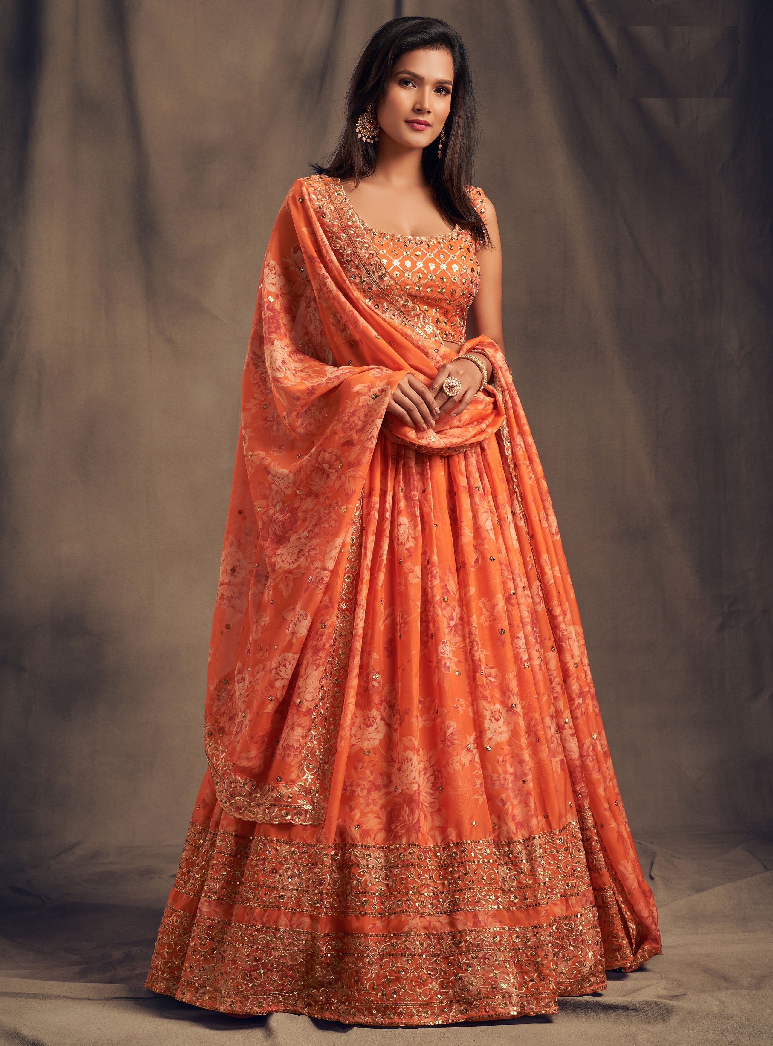 Orange floral printed Lehenga Choli with Sequins Zari Embroidery Work