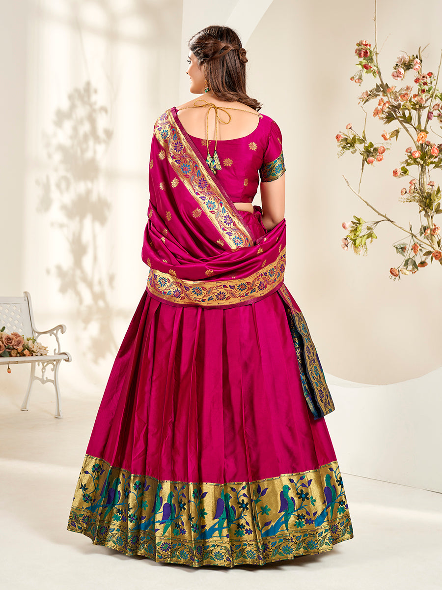Magenta Pink Zari Woven Paithani Silk Half Saree Lehenga
