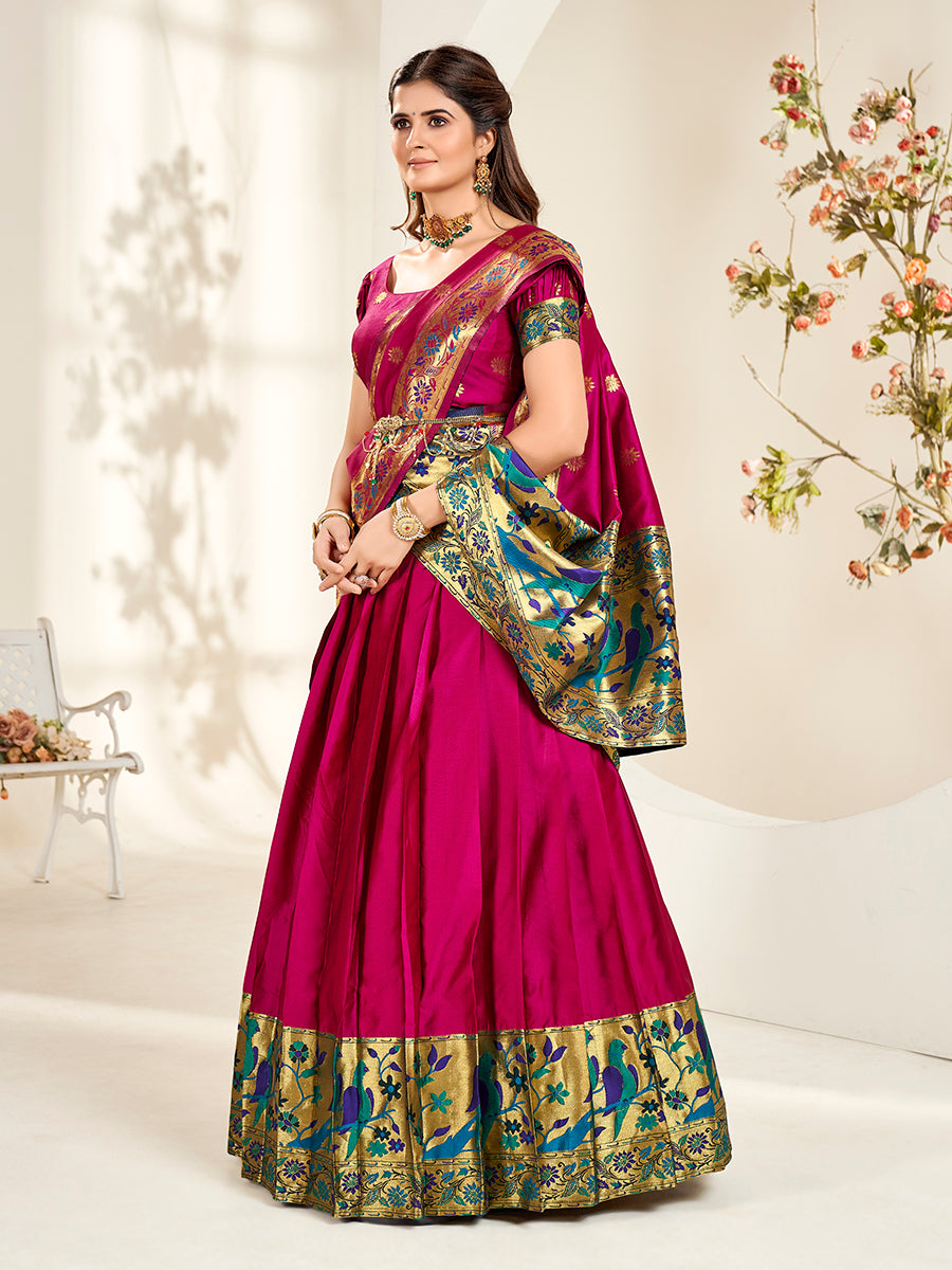 Magenta Pink Zari Woven Paithani Silk Half Saree Lehenga