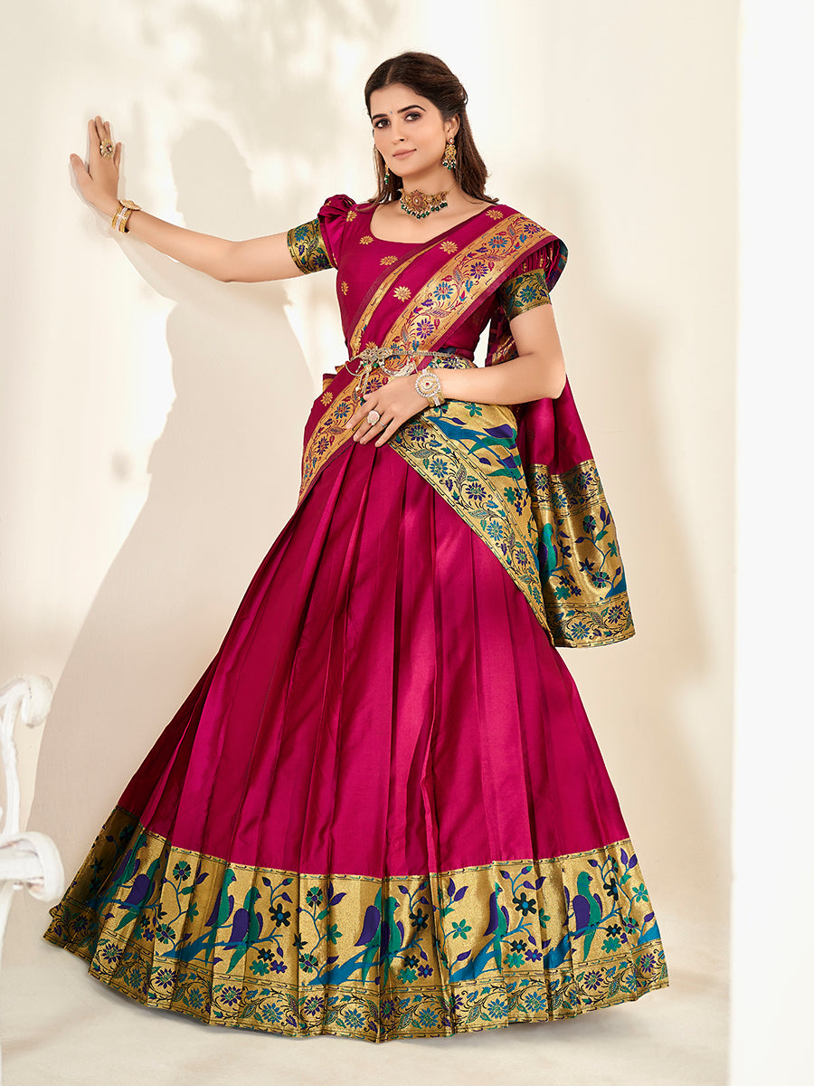 Magenta Pink Zari Woven Paithani Silk Half Saree Lehenga