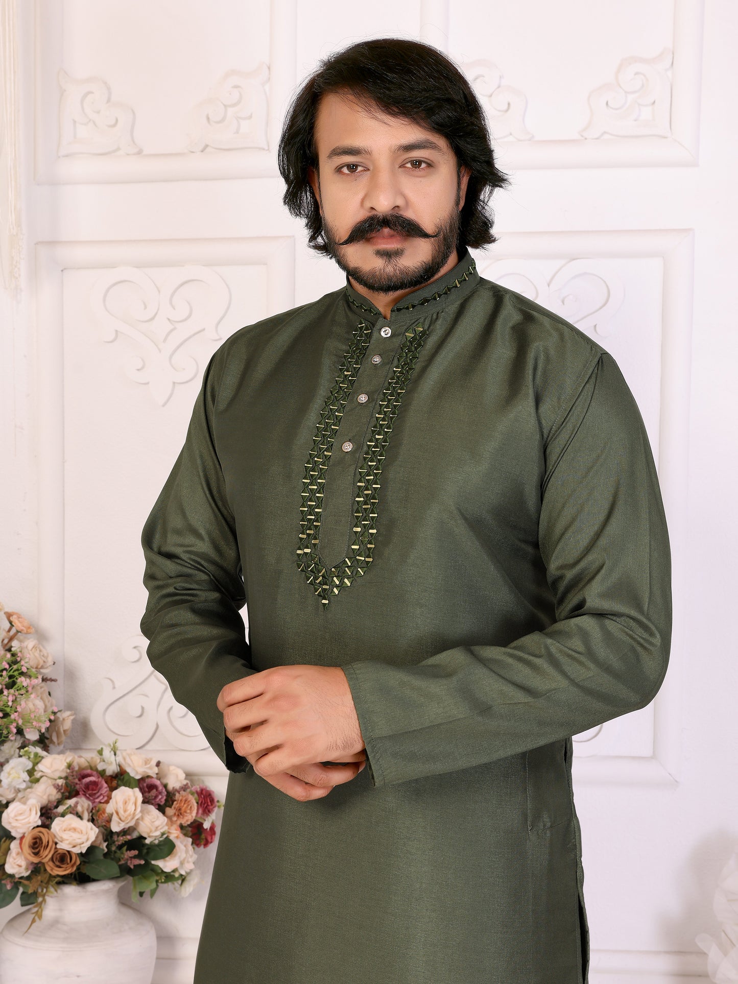 Green Silk Couple Set Kurta and Saree with Jacquard Border