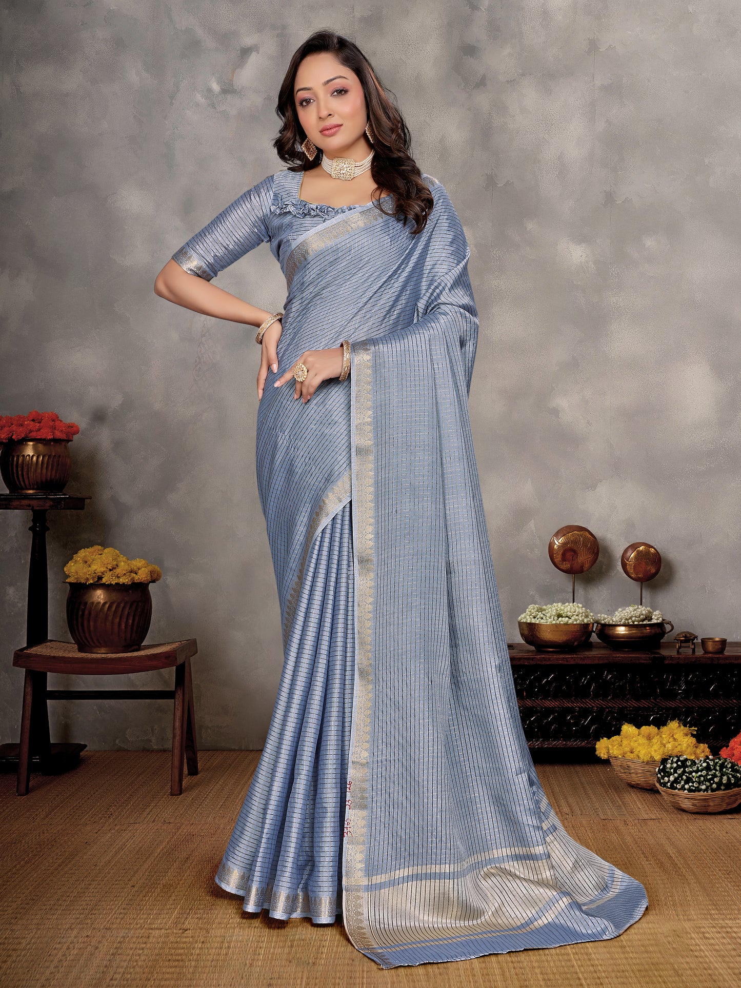 Steel Blue Zari checks Silk Couple Set Kurta and Saree with Jacquard Border