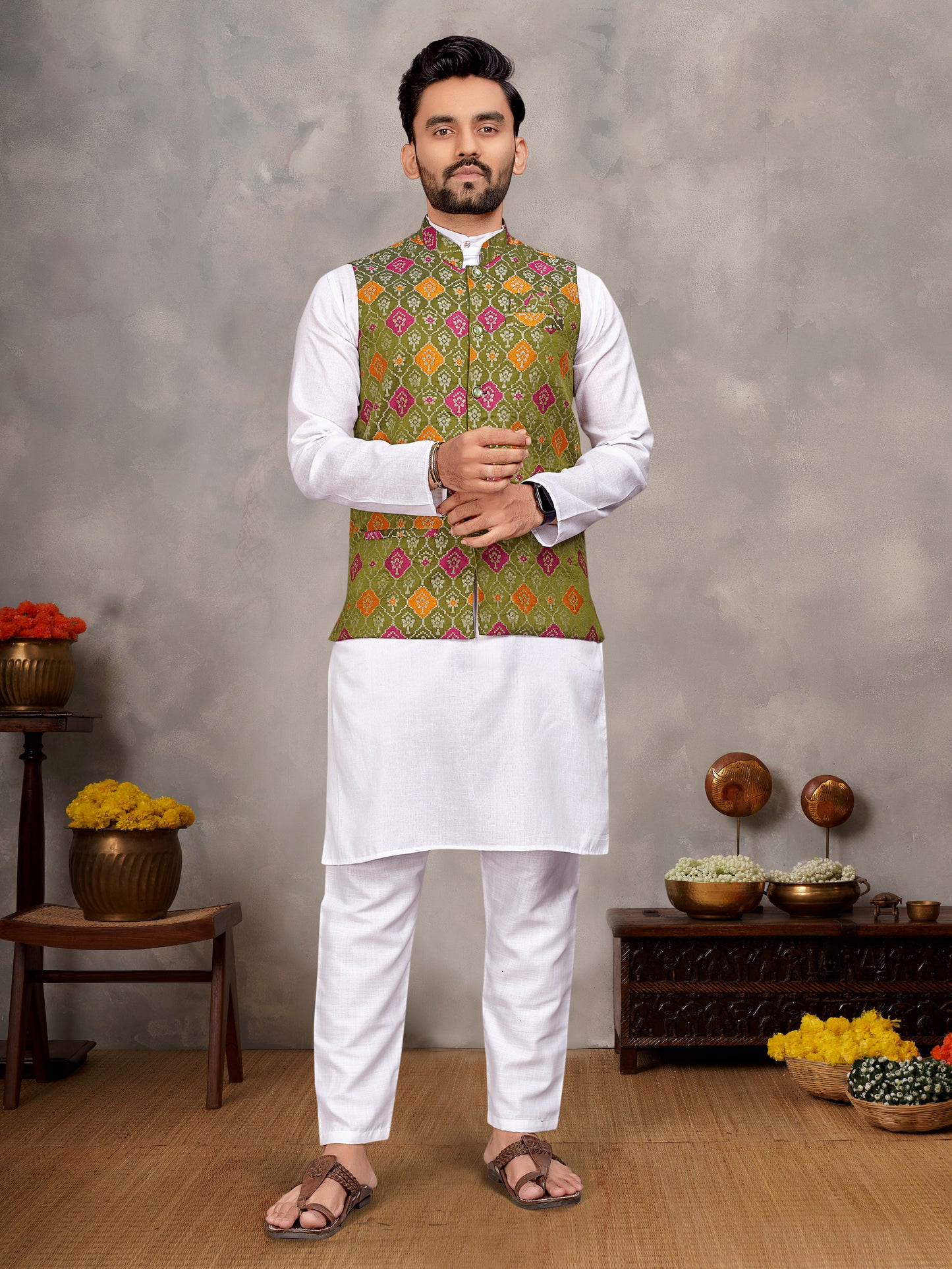 Elegant Men's Kurta With Jacquard Silk Koti & Women's Saree Set in Olive Green