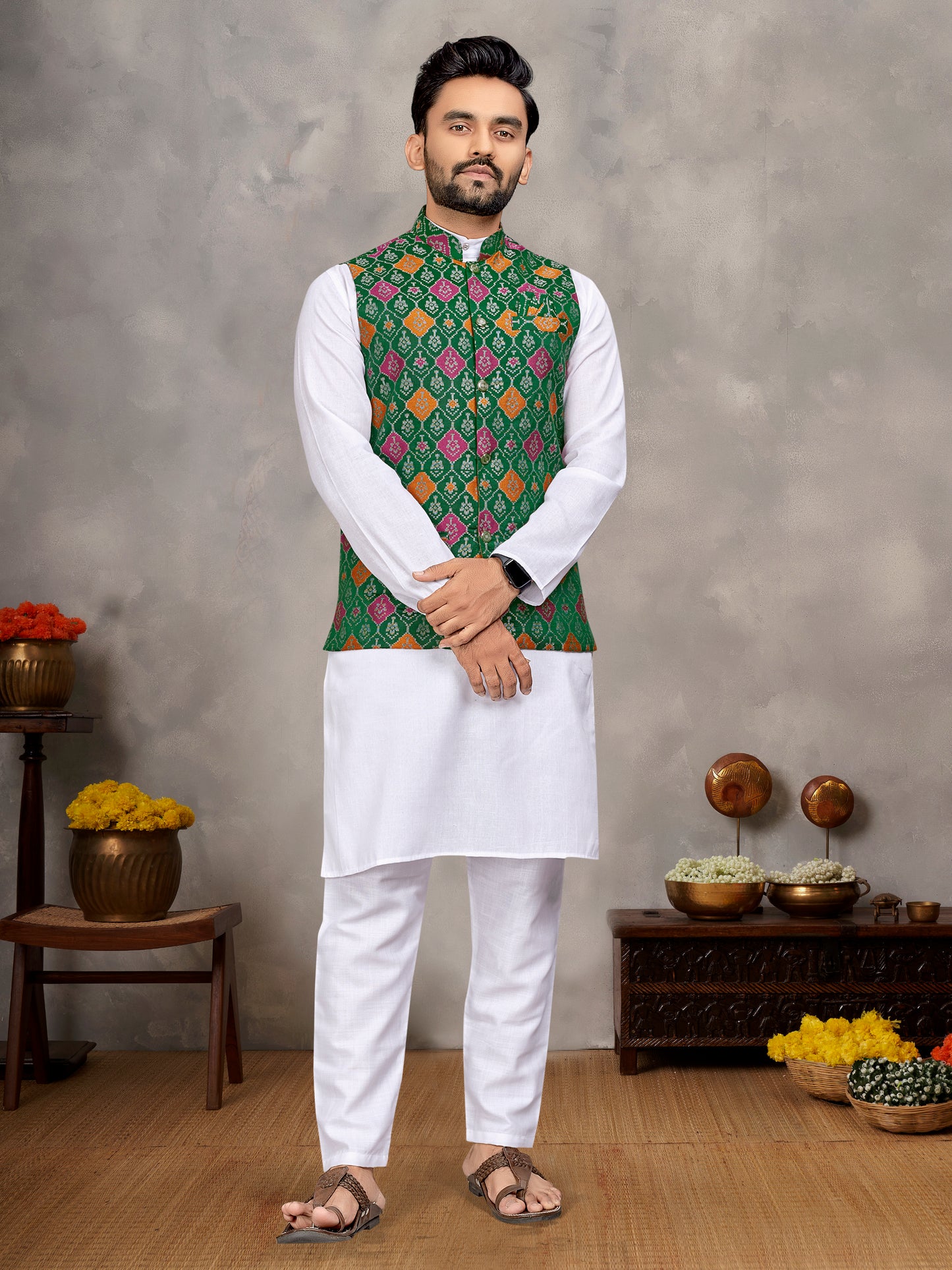 Elegant Men's Kurta With Jacquard Silk Koti & Women's Green Saree Set