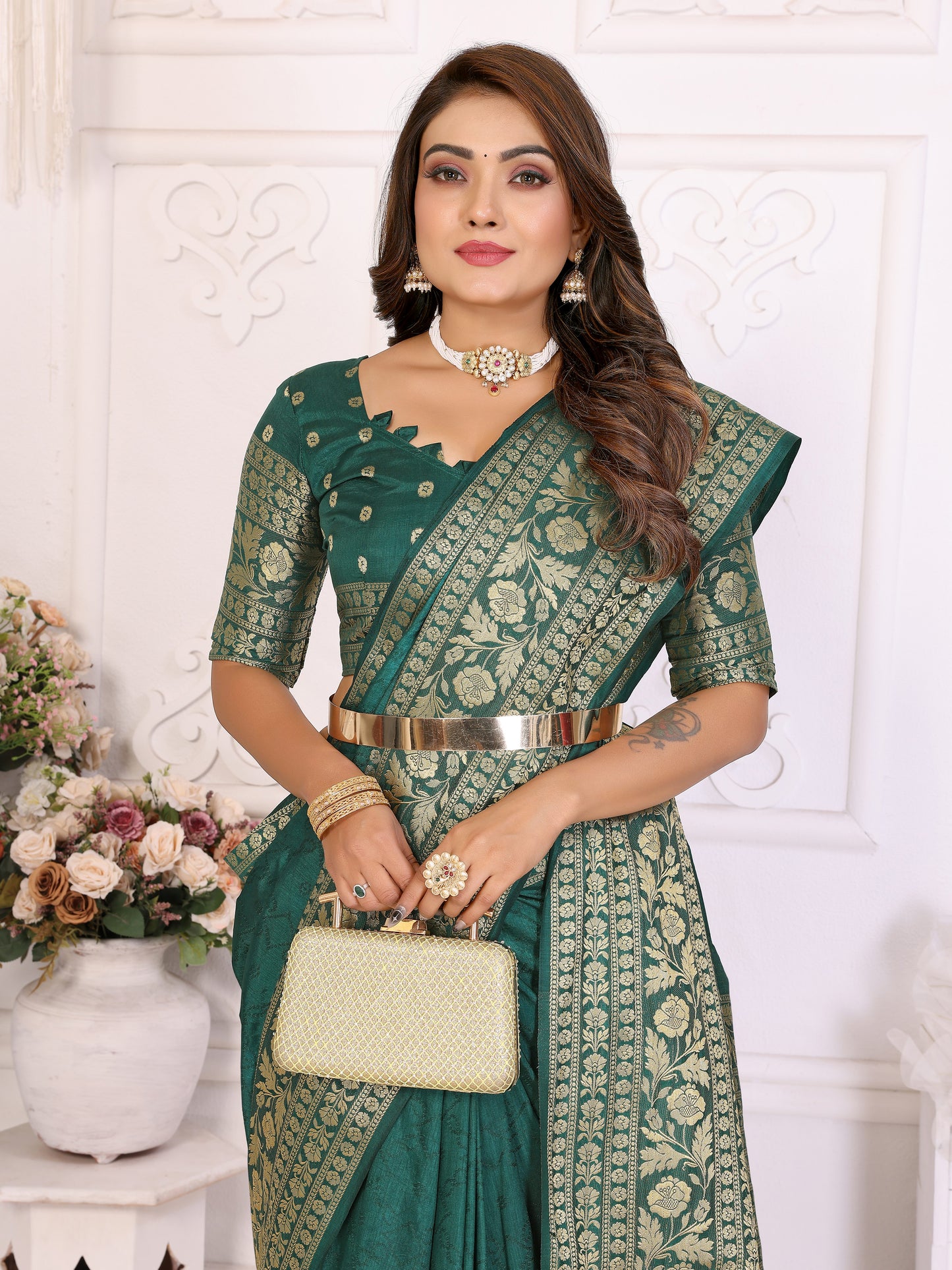 Teal Green Silk Couple Set Kurta and Saree with Jacquard Border
