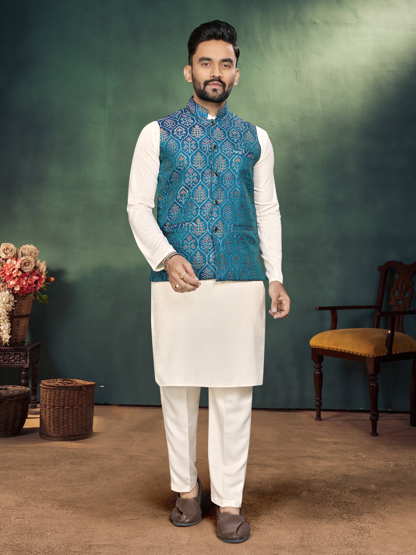 Sky Blue Jacquard Silk Kurta Payjama Koti & Saree Couple Set