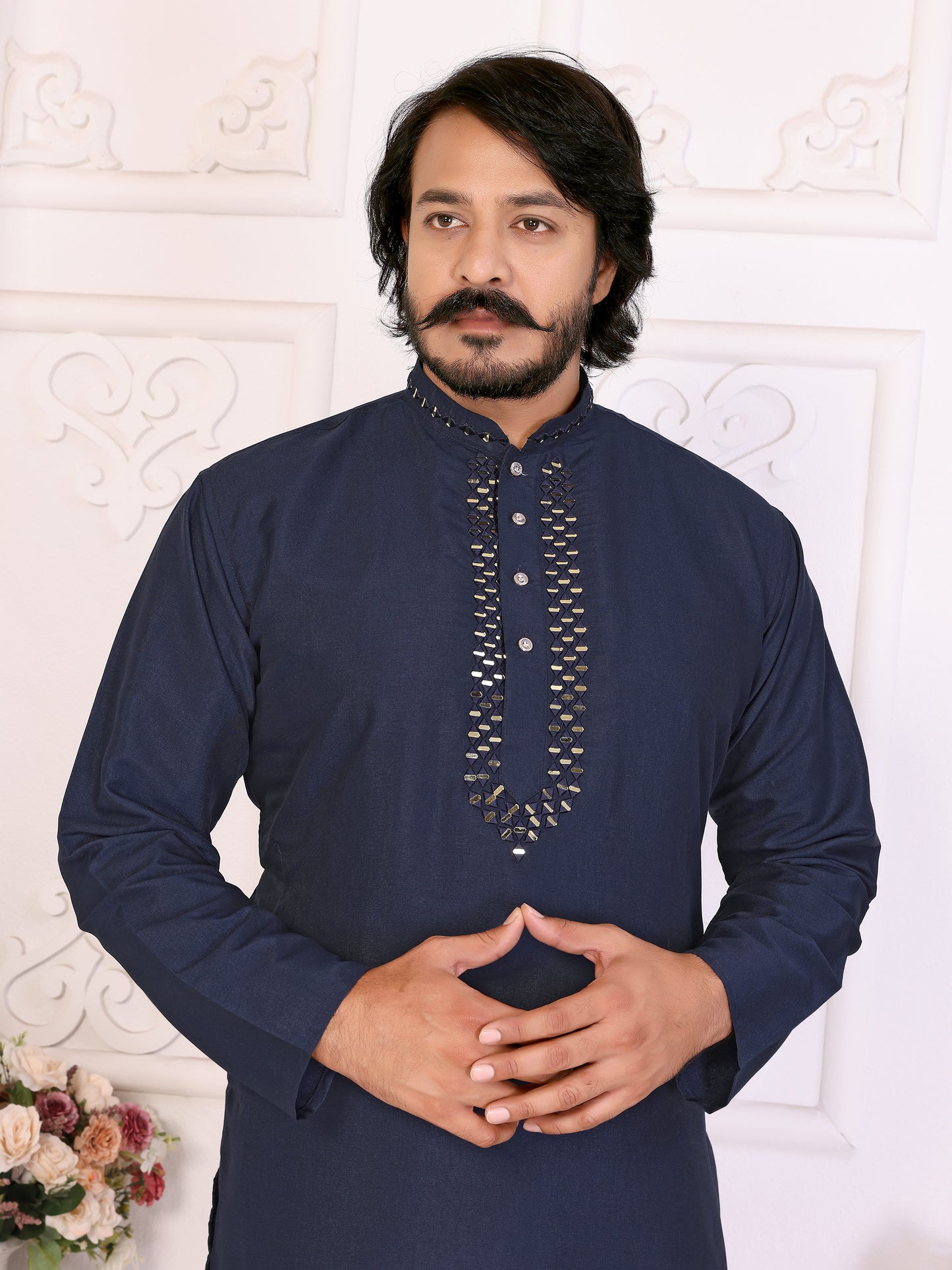 Navy Blue Silk Couple Set Kurta and Saree with Jacquard Border