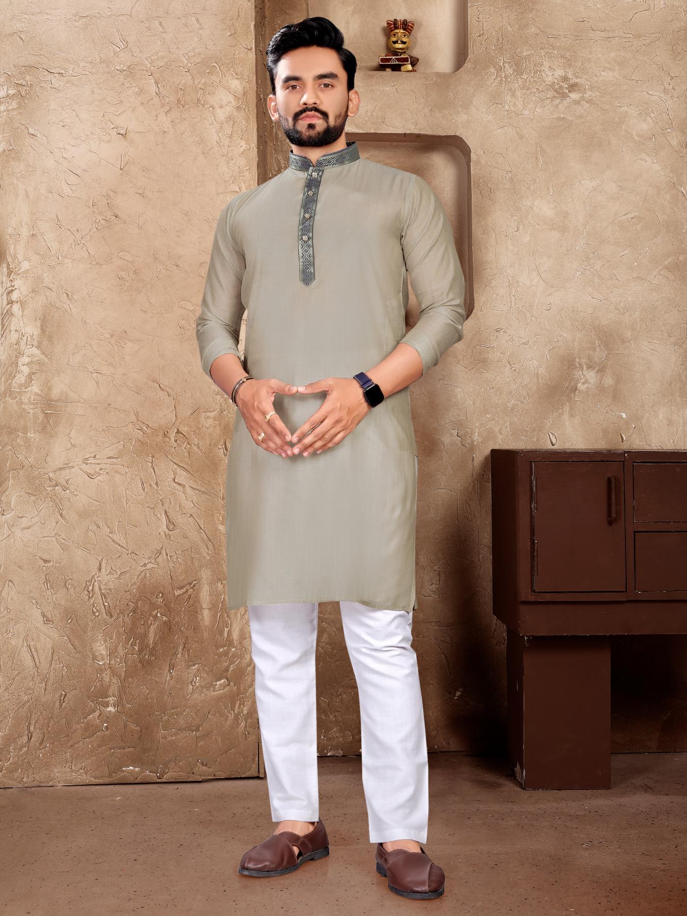 Grey Silk Couple Set with Matching Kurta and Saree