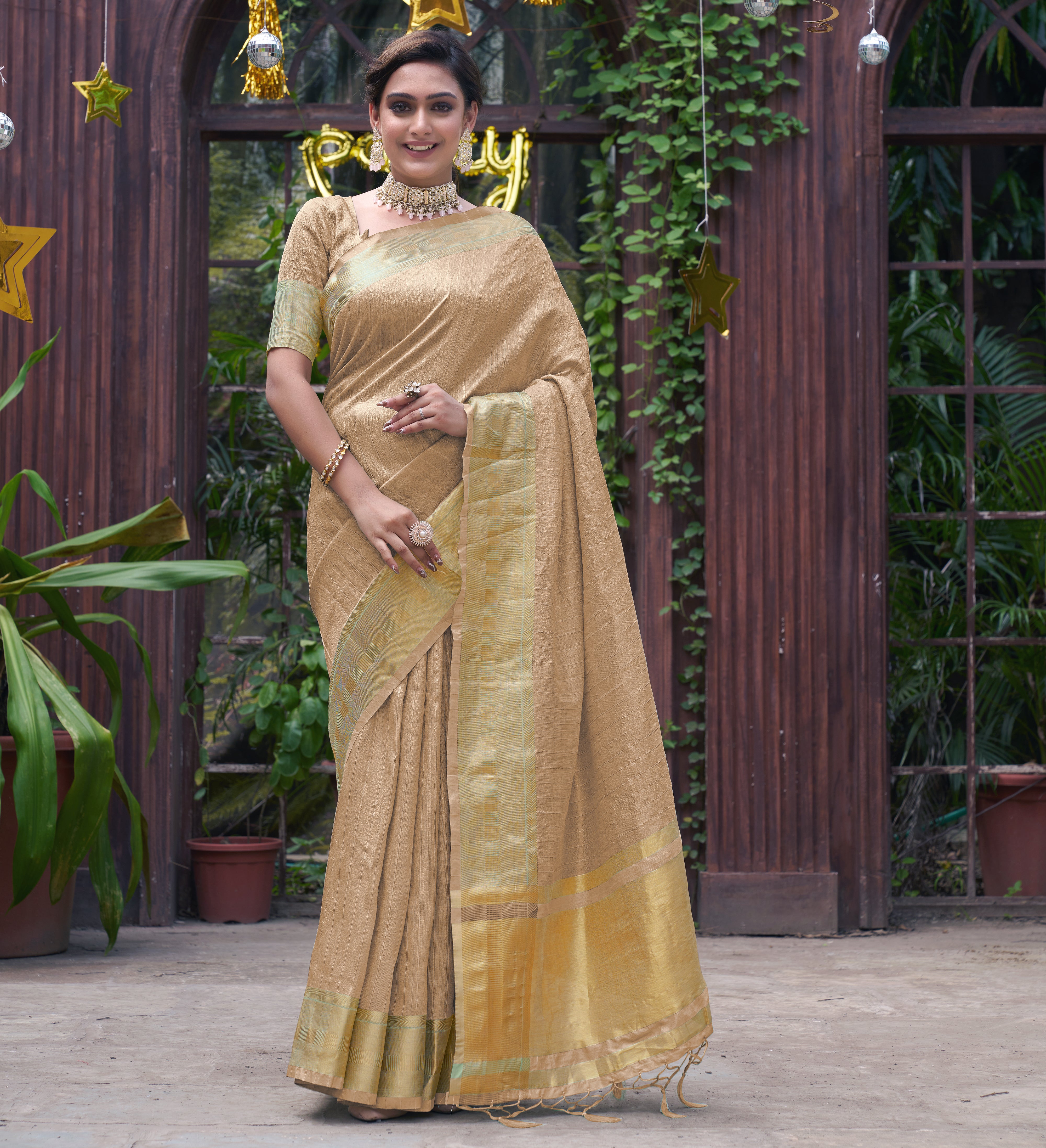 Bansari Mishri Beige Couple set Saree with Kurta