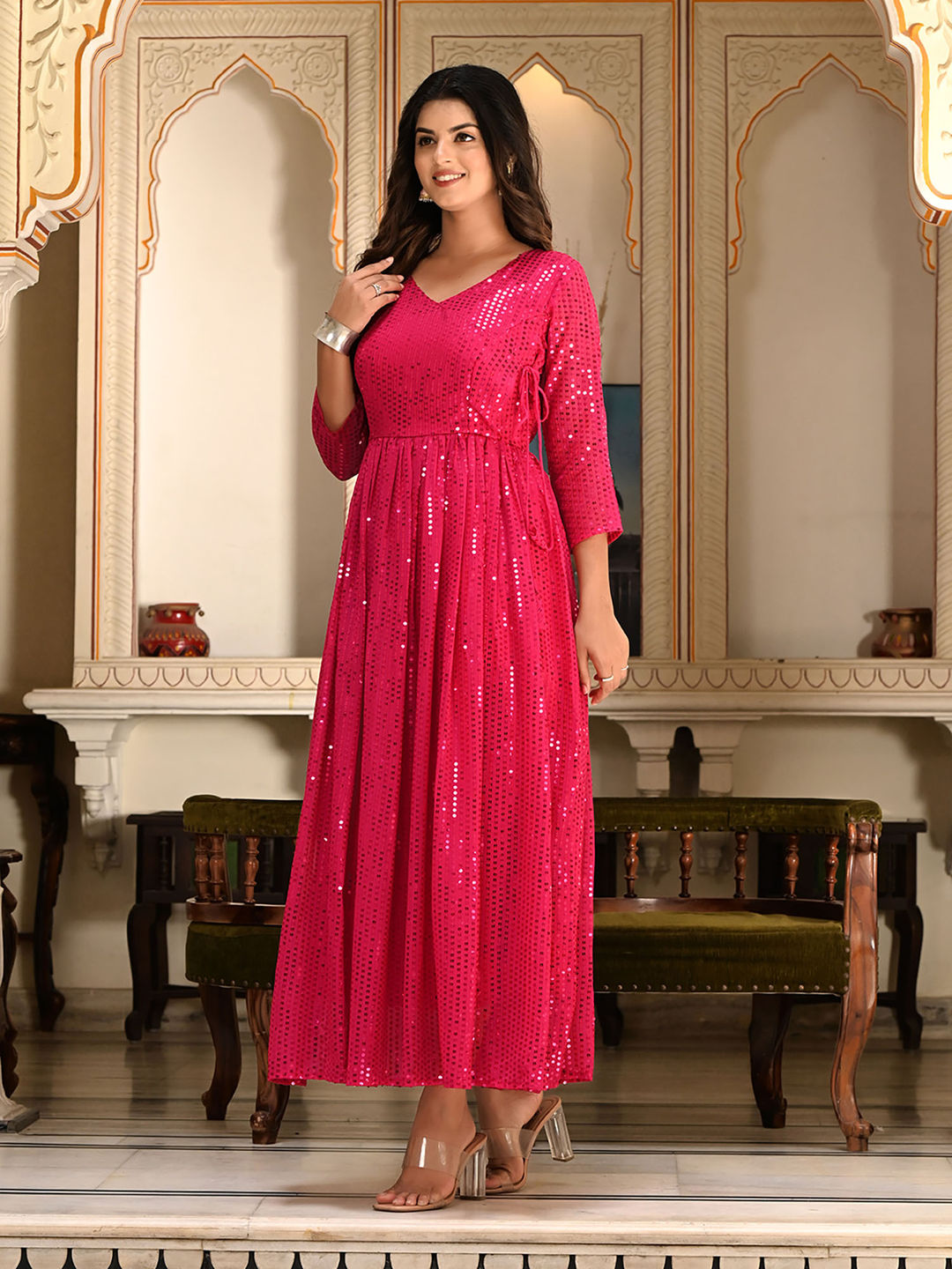 Rani Pink Sequins Embroidered Georgette V-Neck Flared Gown