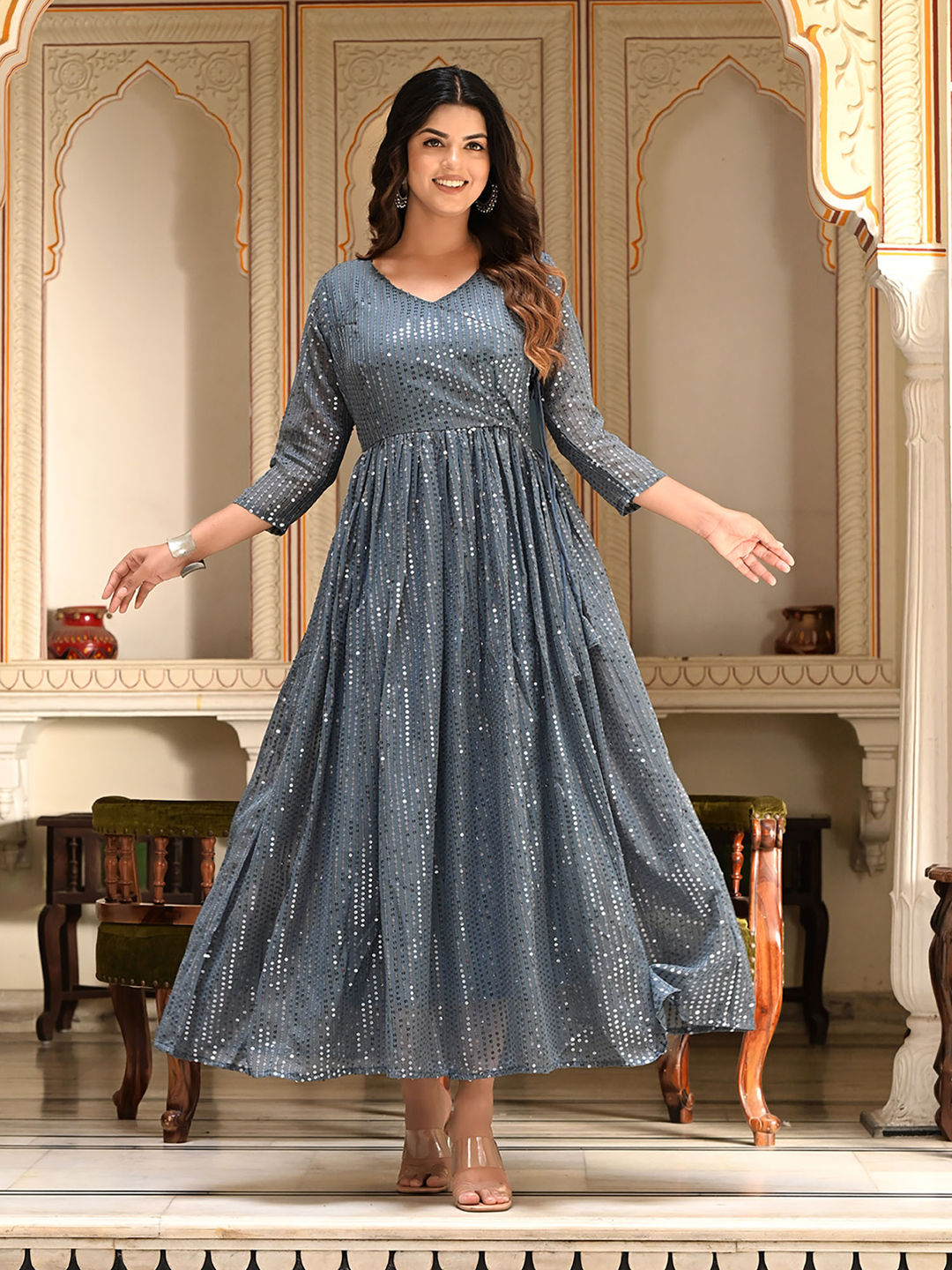 Grey Sequins Embroidered Georgette V-Neck Flared Gown Shopgarb Store Grey Sequins Embroidered Georgette V-Neck Flared Gown Shopgarb Store