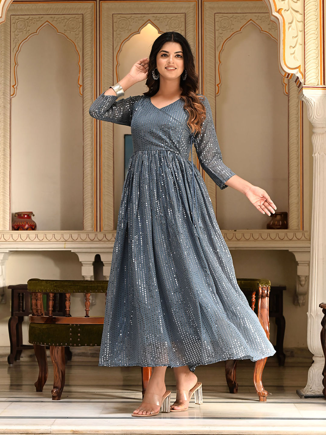 Grey Sequins Embroidered Georgette V-Neck Flared Gown