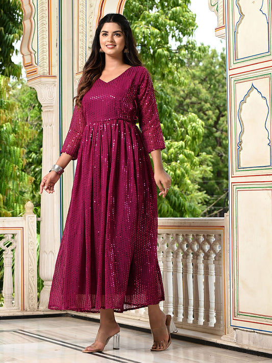Maroon Sequins Embroidered Georgette V-Neck Flared Gown