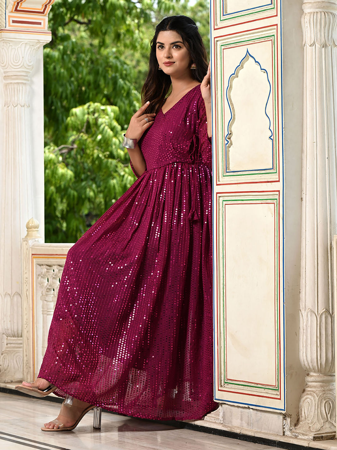 Maroon Sequins Embroidered Georgette V-Neck Flared Gown