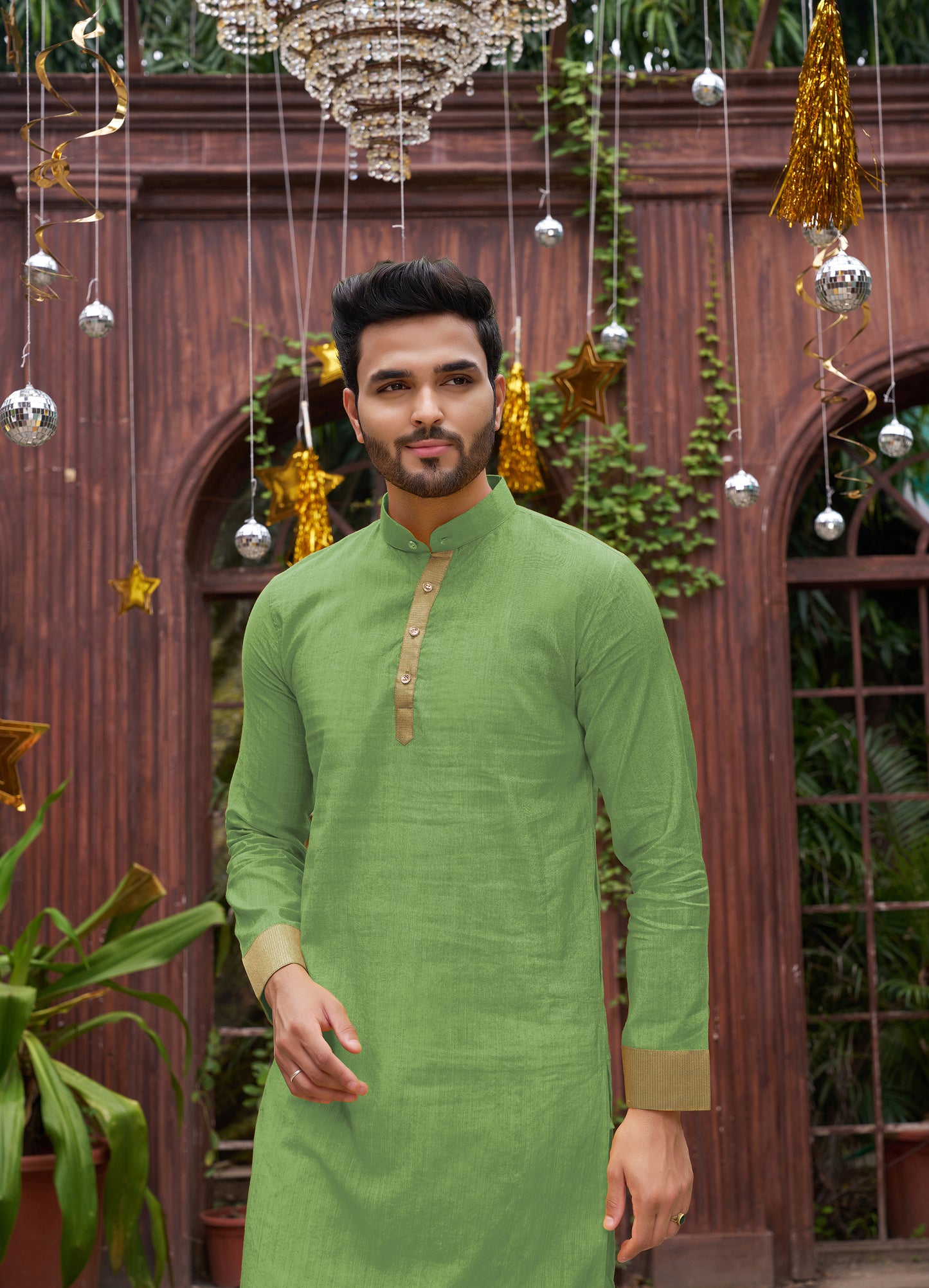 Mehndi Green Silk Couple Wear Saree with Kurta