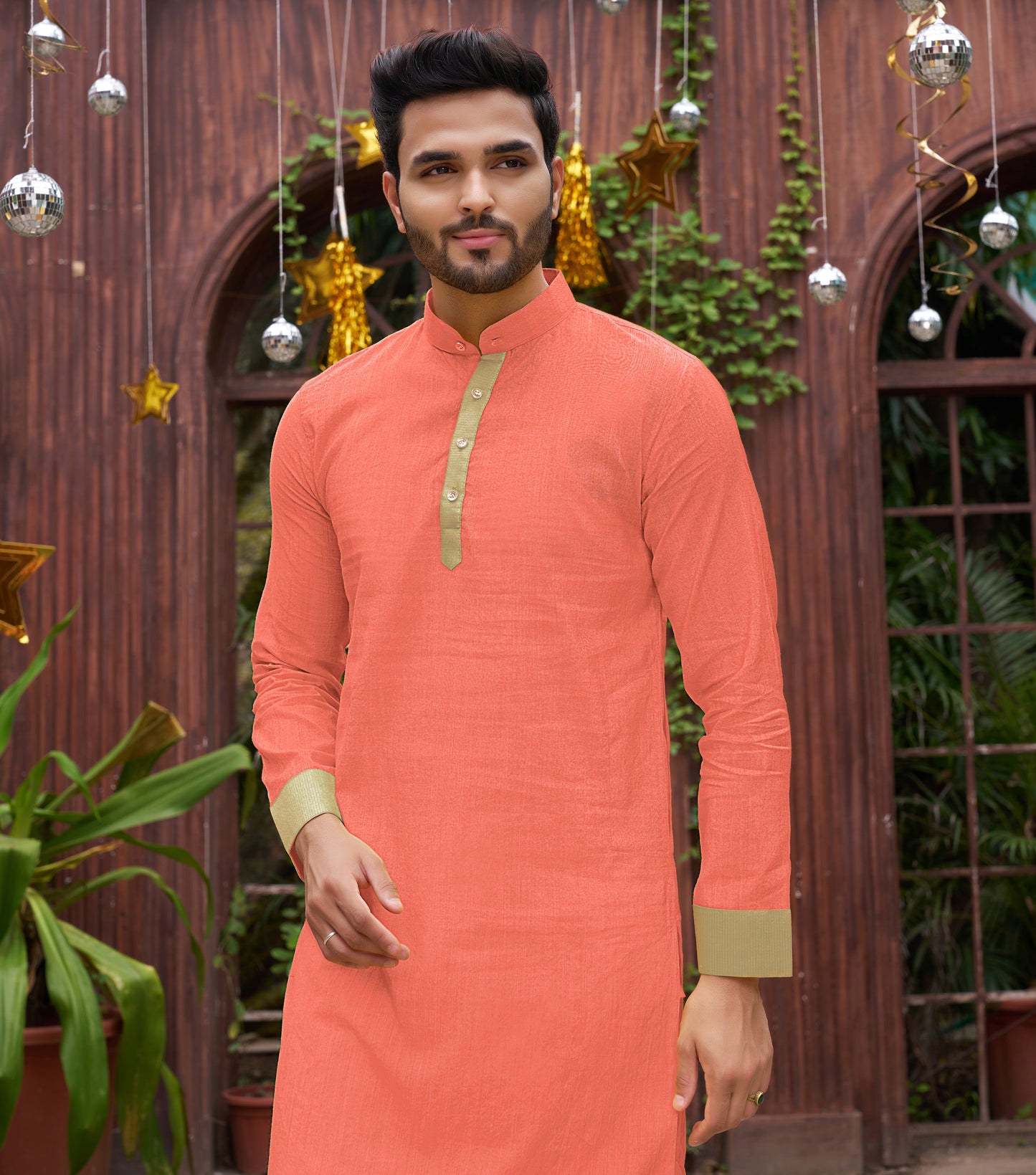 Peach Silk Couple Wear Saree with Kurta