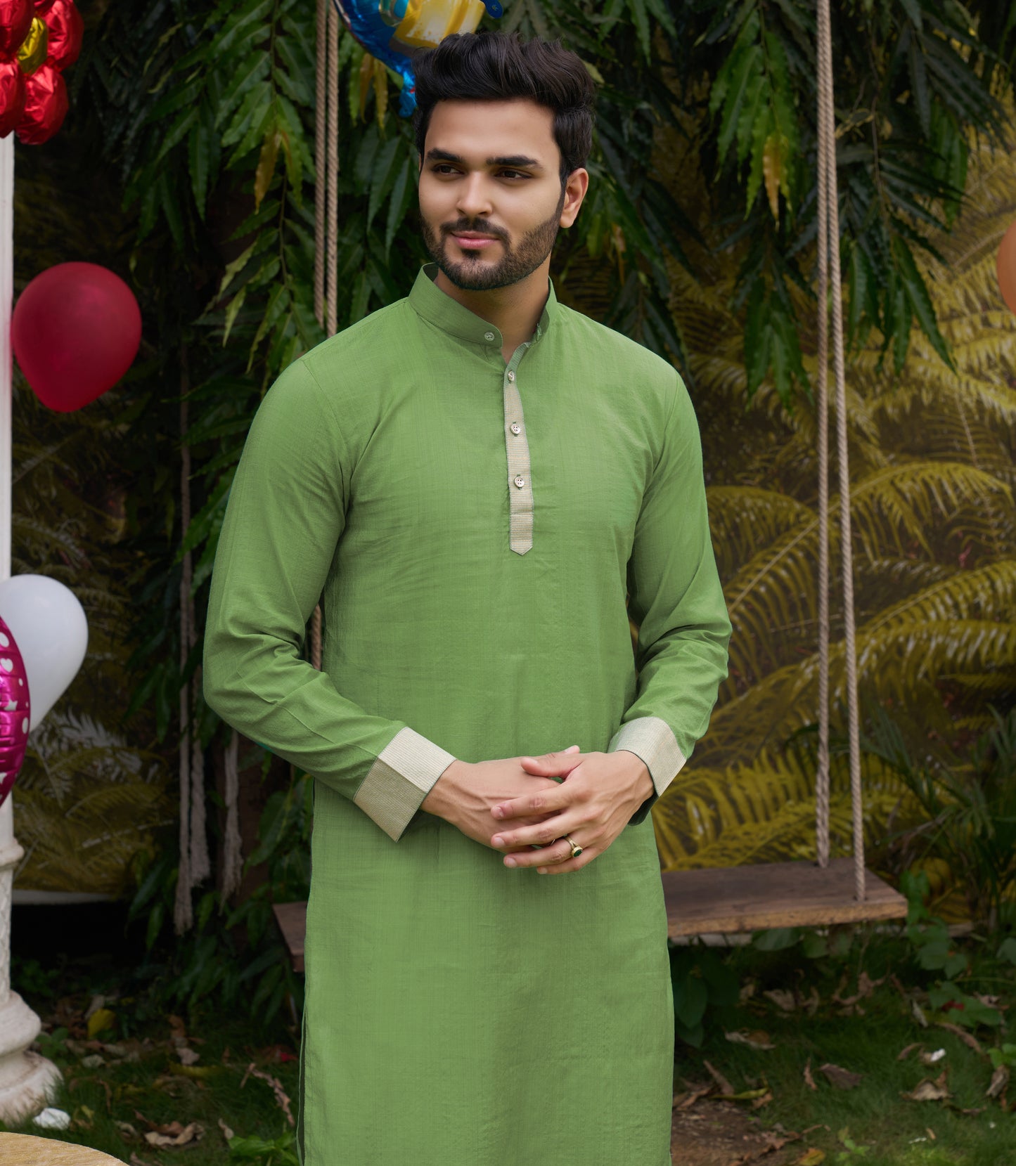 Hunnybunny Mehndi Green Silk Couple Wear Saree with Kurta