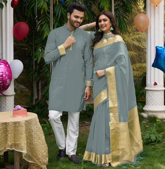 Hunnybunny Grey Silk Couple Wear Saree with Kurta